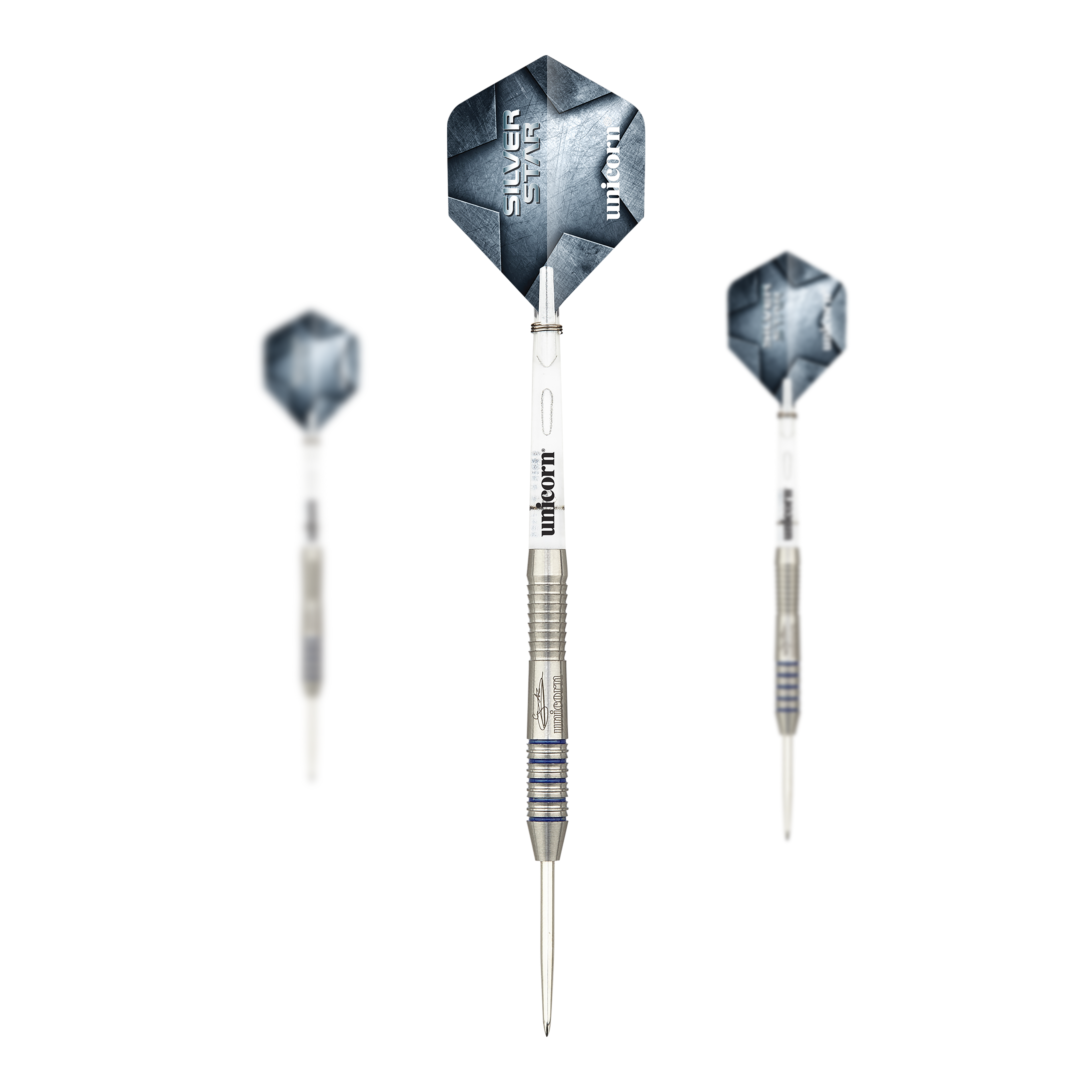 Unicorn Silver Star Var.3 Gary Anderson steel darts Zu sehen ist ein Set der Unicorn Silver Star Var.3 Gary Anderson Steeldarts. Die Darts liegen komplett nebeneinander und sind gut sichtbar.