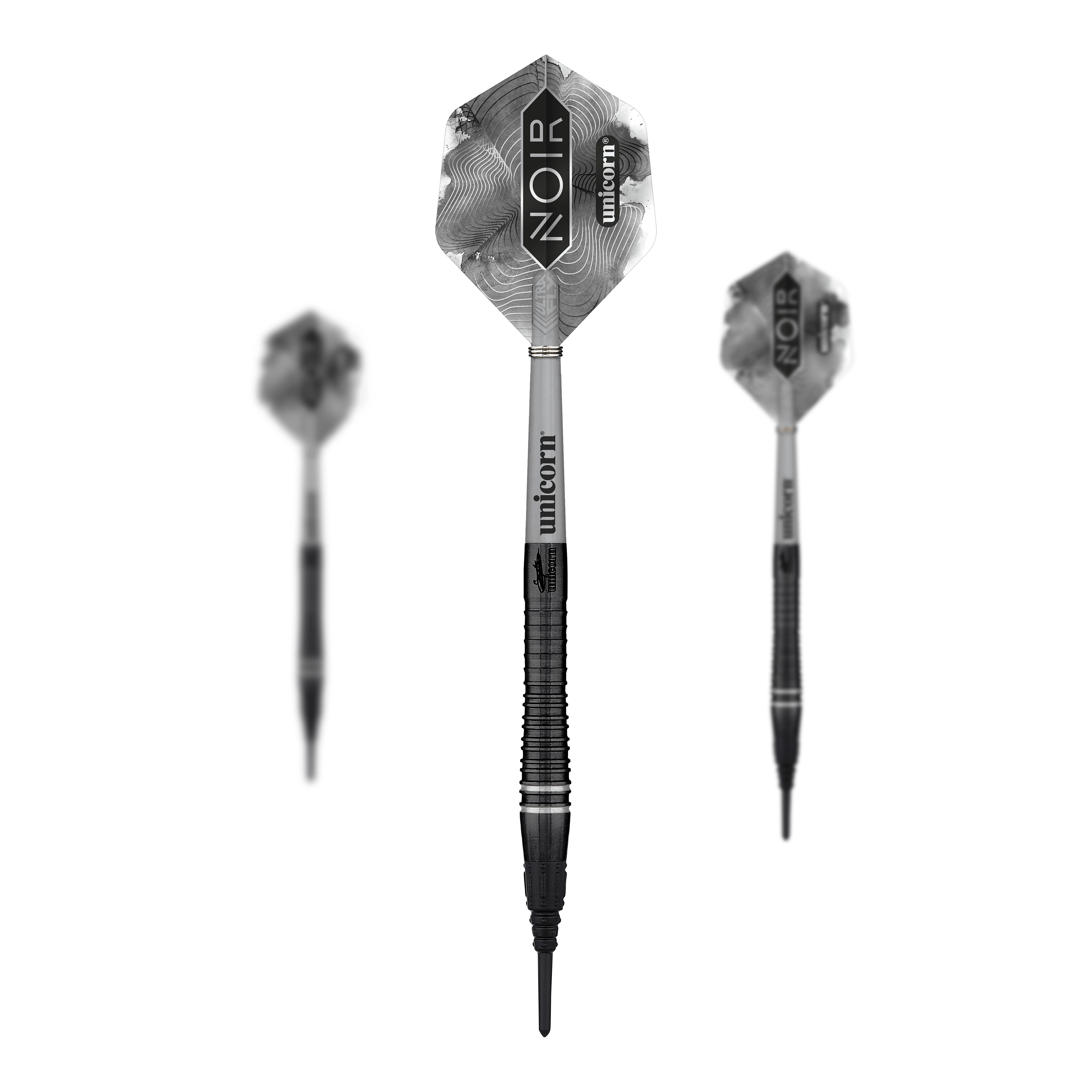 Unicorn World Champion Gary Anderson Noir Phase 6 Soft Darts Das Bild zeigt drei stilvolle Softdarts der Marke Unicorn in schwarzem Design. Auf den Flights steht "NOIR" und "Unicorn", und es handelt sich um das Modell "World Champion Gary Anderson Noir Phase 6".