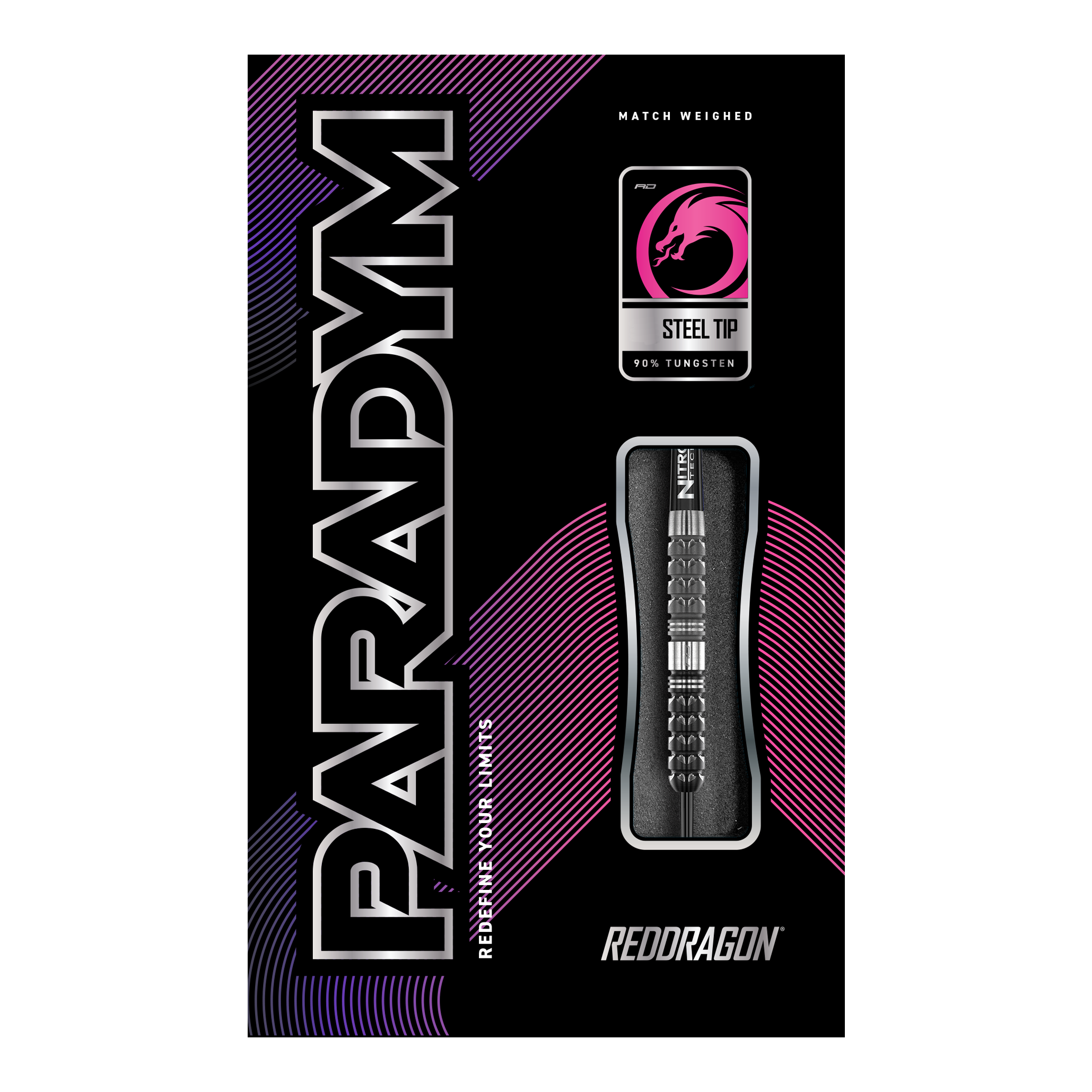 Red Dragon Paradym Tapered Steel Darts Die Abbildung zeigt die Verpackung der "Red Dragon Paradym Tapered Steeldarts". Auf der Packung sind die Begriffe "Steel Tip", "90% Tungsten" und das Red Dragon Logo zu sehen.