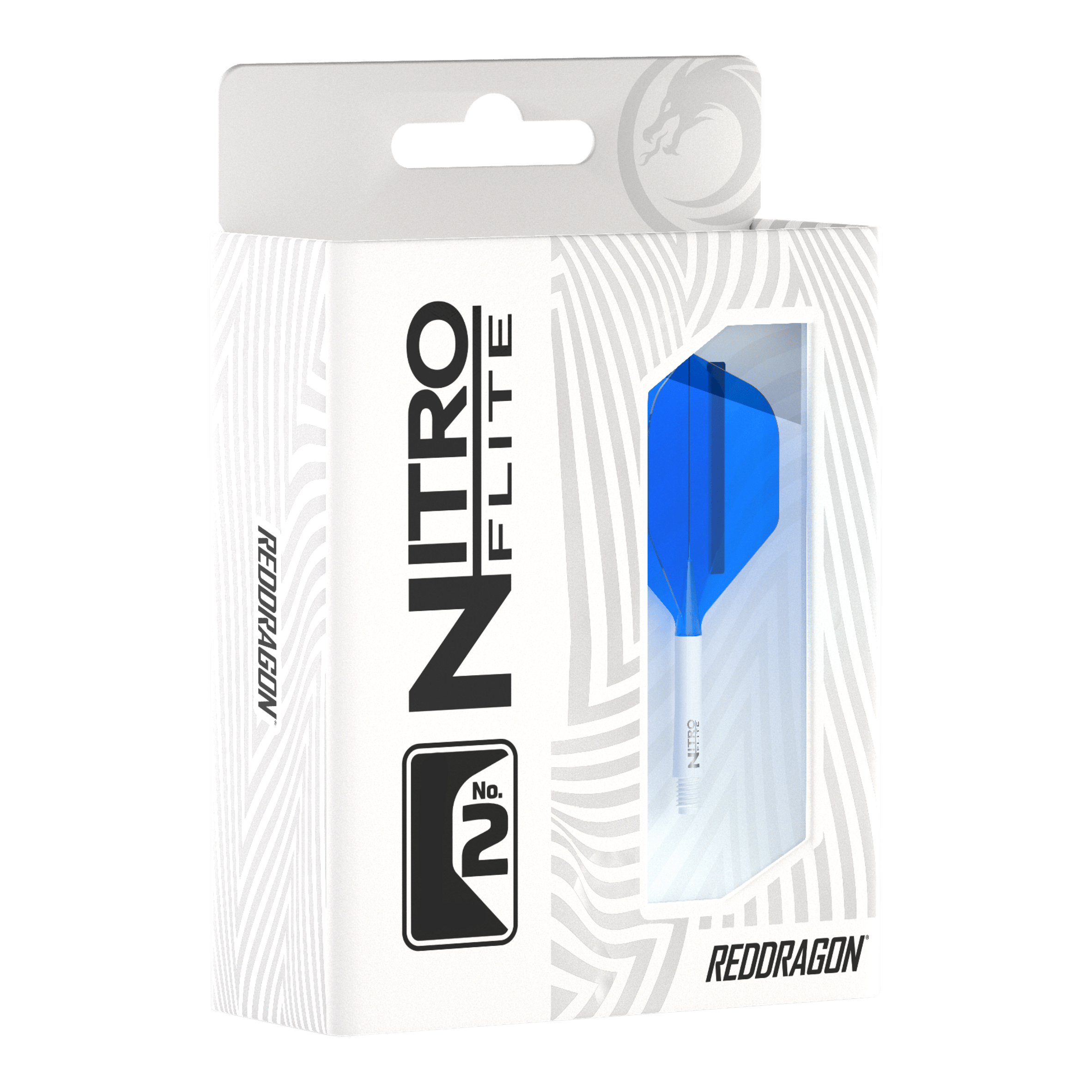 Red Dragon Nitroflite - White Shaft Blue No2 Flights Die Abbildung zeigt eine Packung Red Dragon Nitroflite mit einem weißen Schaft und blauen No2-Flights. Die Verpackung ist überwiegend weiß mit einem Sichtfenster, durch das der blaue Flight zu sehen ist.