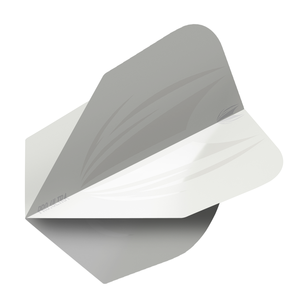 TG411_Target_ProUltra_ID_White_No6_Flights_2 Das Bild zeigt das Produkt "Target ProUltra ID White No6 Flights". Es handelt sich um einen weißen Dartflight mit einem dezenten, grauen Designmuster.