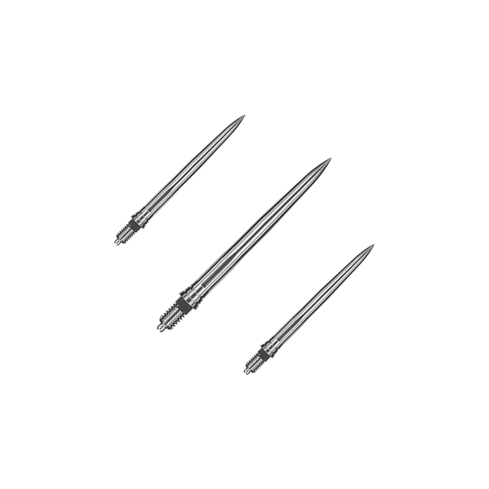 Das Bild zeigt ein Set aus glatten silbernen Dartspitzen. Die Spitzen sind ordentlich nebeneinander angeordnet.