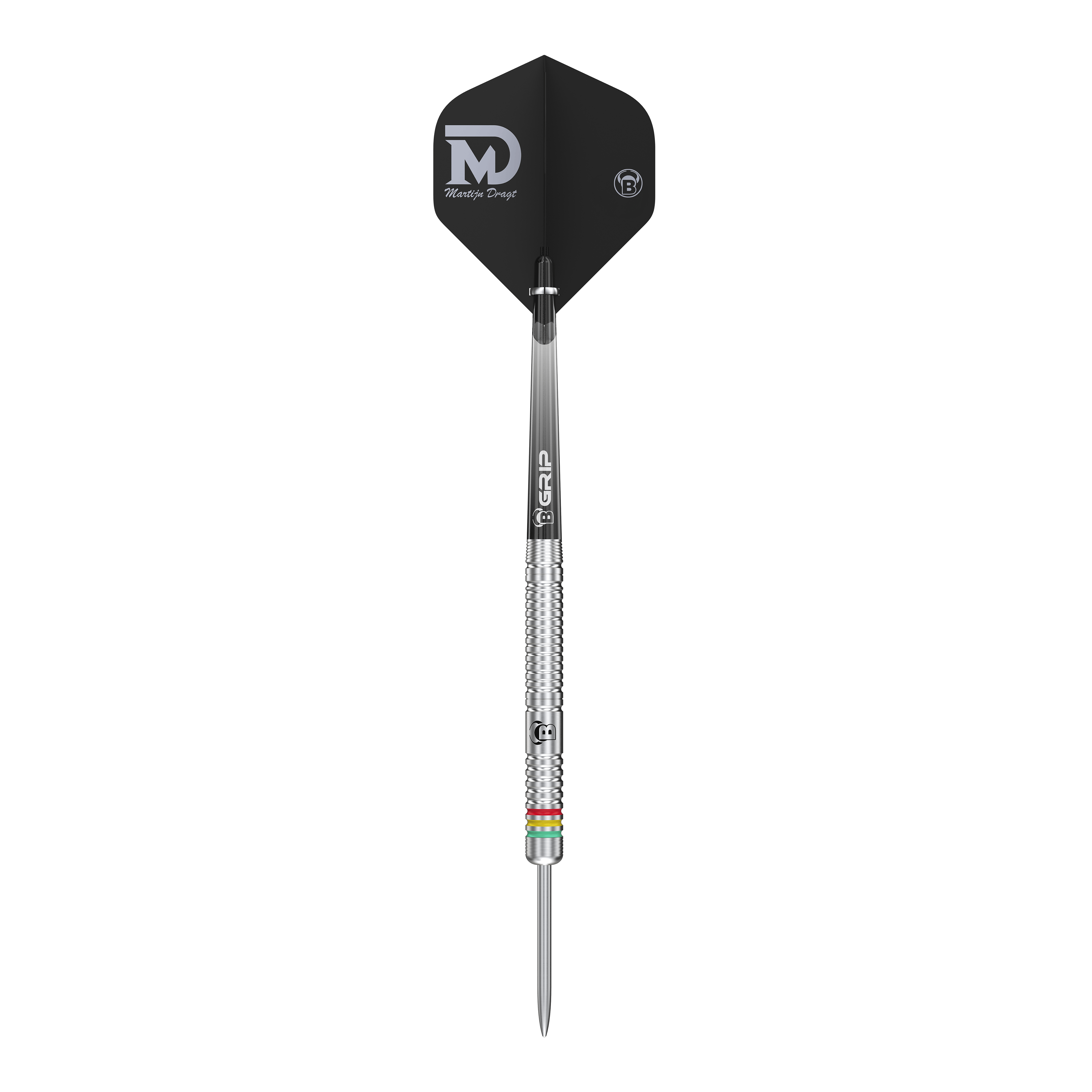 Bulls Martijn Dragt Steel Darts - 24g Dies ist ein Steeldart mit silbernem Schaft und schwarzem Flight, auf dem "Martijn Dragt" steht. Das Produkt heißt "Bulls Martijn Dragt Steeldarts - 24g".