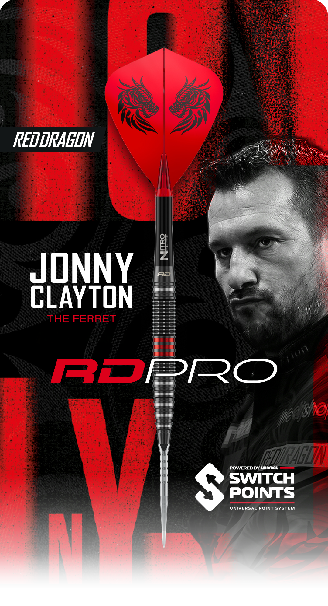 Auf dem Bild sieht man ein Banner mit der Aufschrift 'RedDragon ClaytonRDPro'. Es sind Pfeile sowie verschiedene grafische Elemente abgebildet.