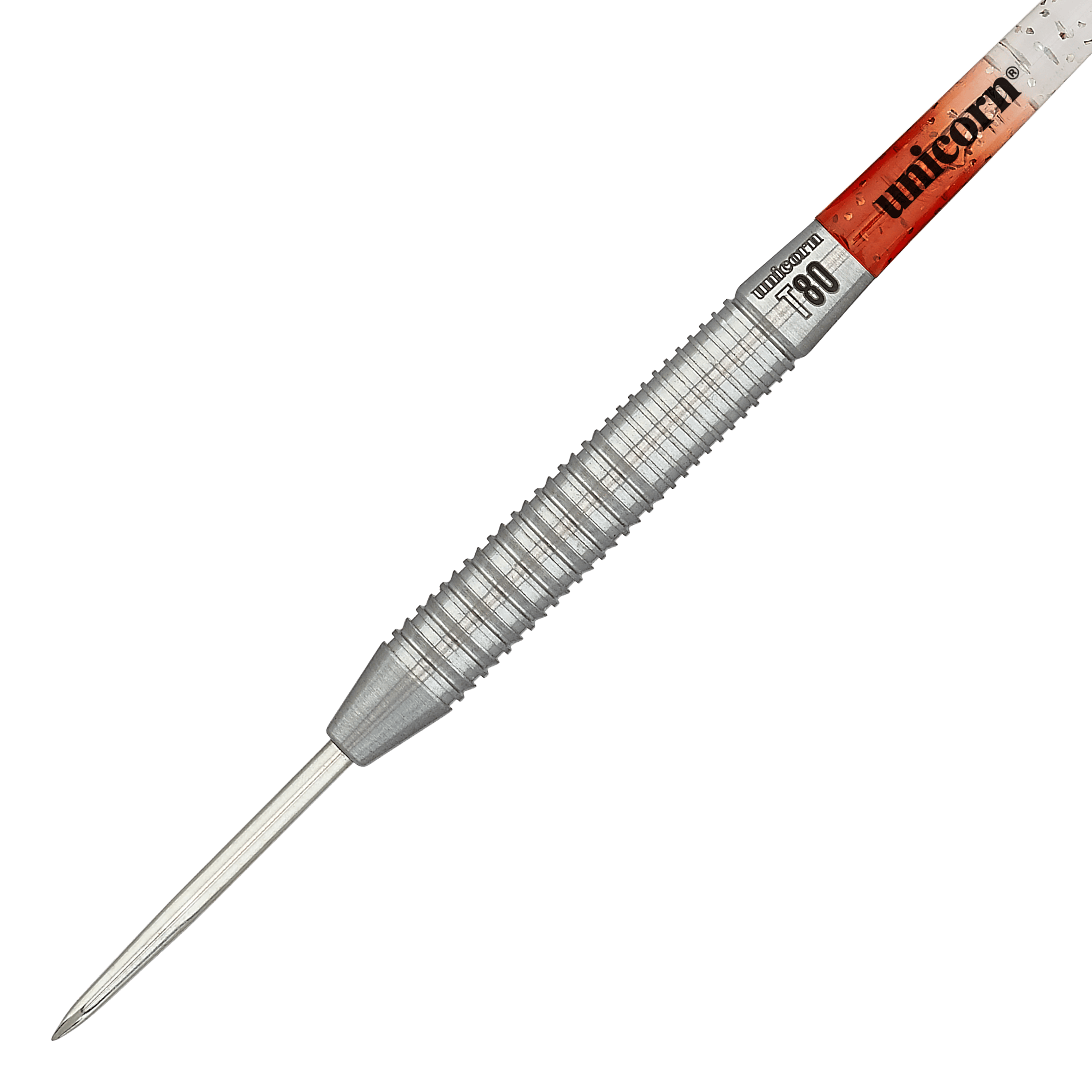 Unicorn Core XL Striker Style 1 Steeldarts - 22g Das Bild zeigt einen silberfarbenen Steeldart mit gerilltem Griff. Auf dem Schaft steht "Unicorn" und das Modell ist "Core XL Striker Style 1" mit 22g Gewicht.