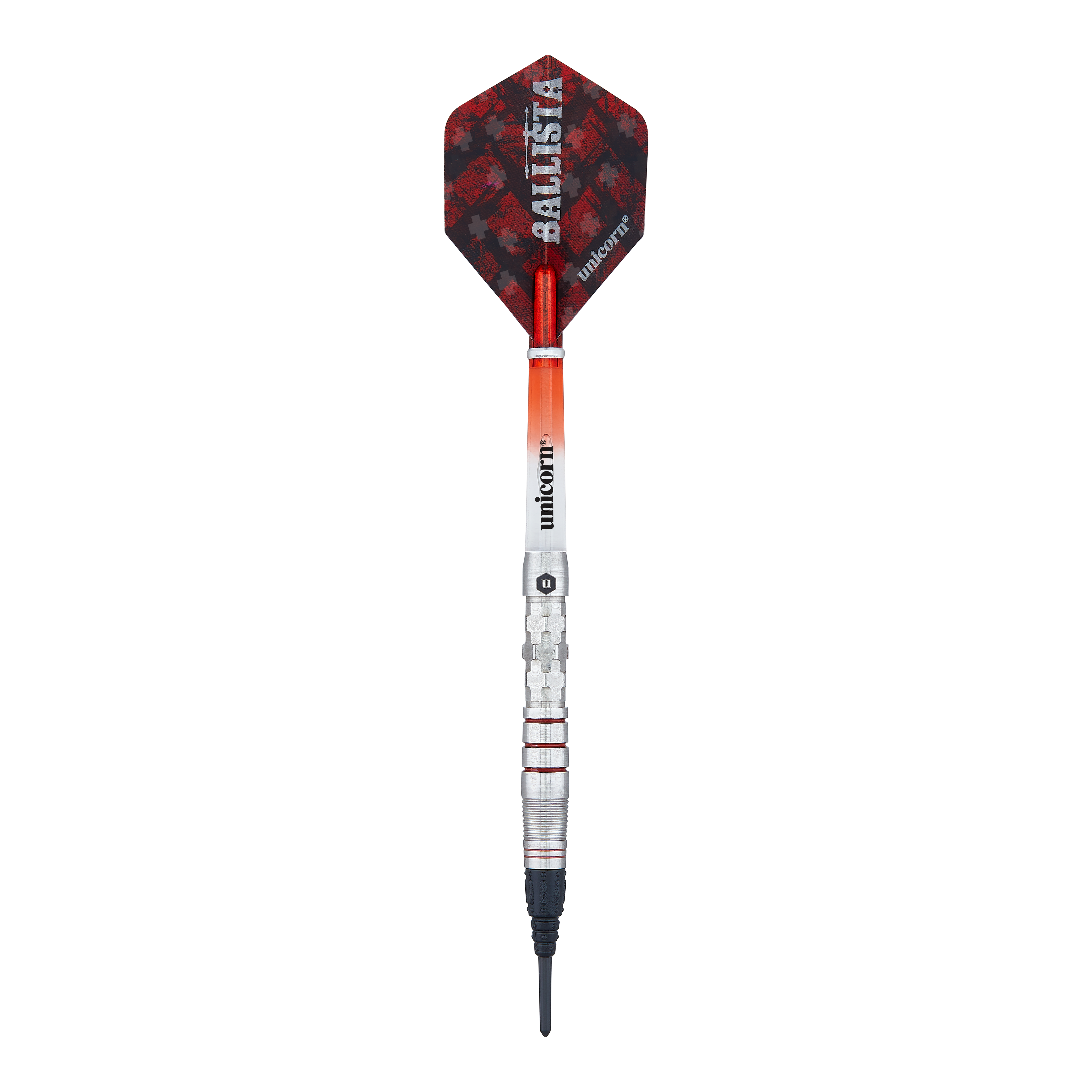Unicorn Ballista Style 3 soft darts Das Bild zeigt einen Softdart der Marke "Unicorn Ballista Style 3". Der Dart hat eine silberne Spitze, ein rot-schwarzes Flight und einen metallischen Schaft mit roten Akzenten.