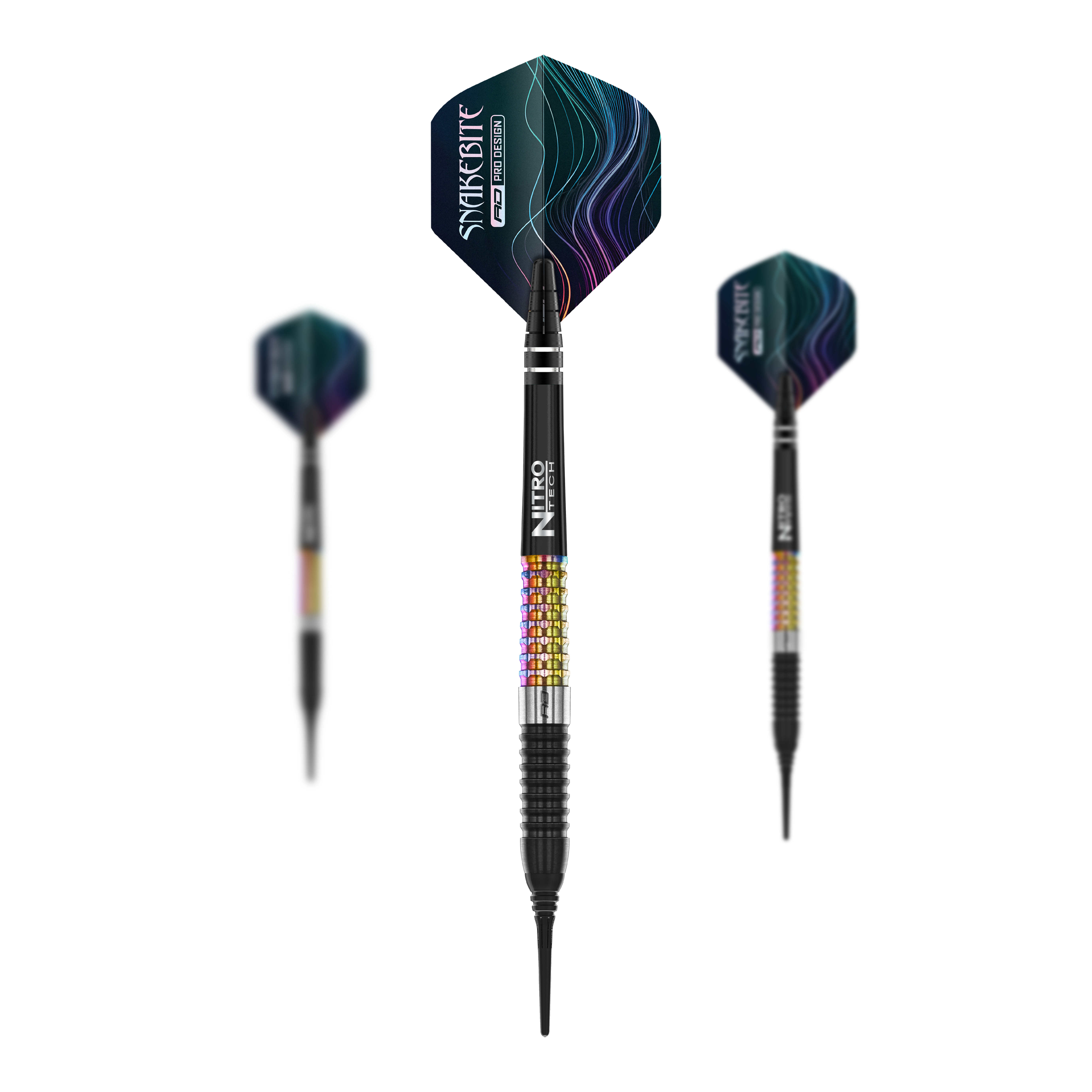 Das Bild zeigt drei Softdarts des Modells „Red Dragon Peter Wright Corra Softdarts - 18g“. Die Darts haben bunte, strukturierte Griffe und schwarze Flights mit einem wellenförmigen Muster.
