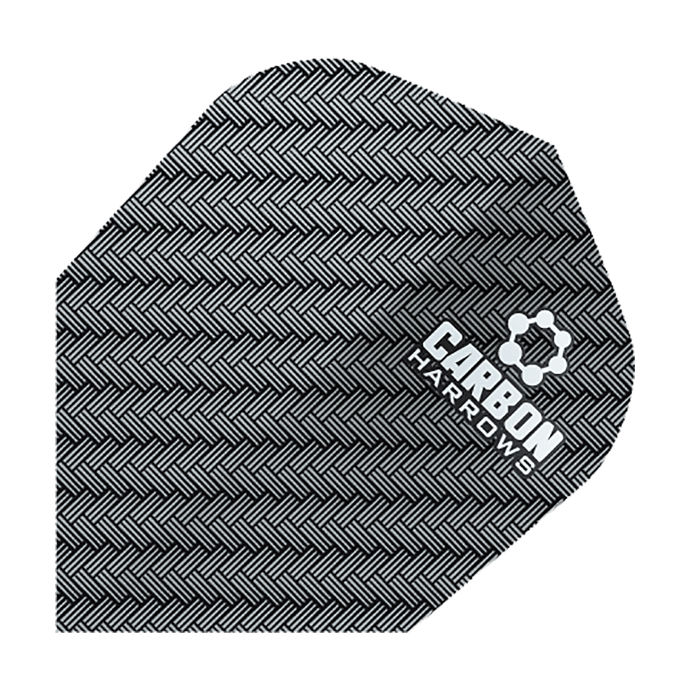 HR51_Harows_Carbon_No6_Flights_Grau_1 Das Bild zeigt das Produkt "Harrows Carbon Flights HR51". Es hat ein schwarz-graues Karbonmuster mit weißem Logoaufdruck.