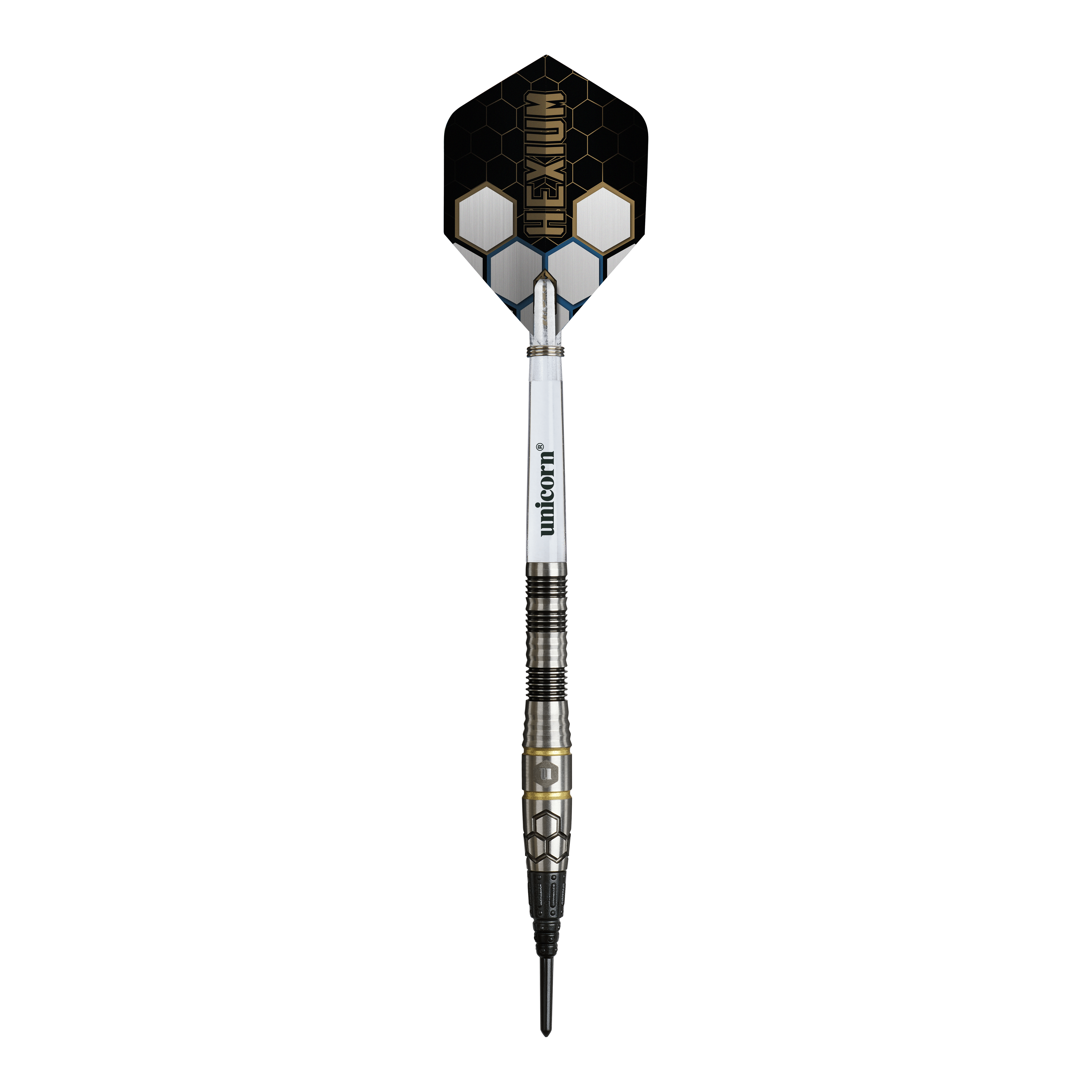 Unicorn Hexium Style 01 Black & Gold Soft Darts - 22g Das Bild zeigt die Unicorn Hexium Style 01 Black & Gold Softdarts mit einem Gewicht von 22 Gramm. Die Darts zeichnen sich durch ihr schwarzes und goldenes Aussehen aus.