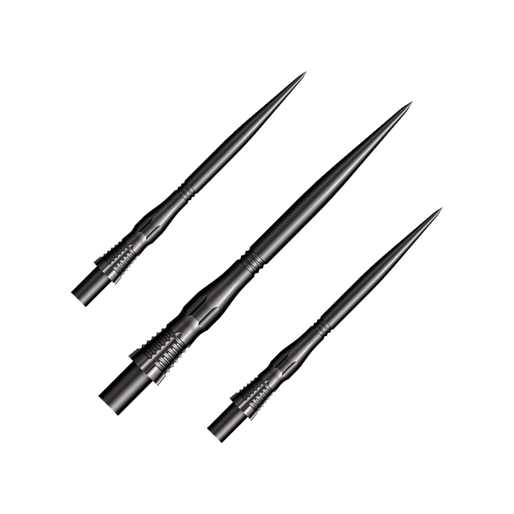 Das Bild zeigt drei schwarze Steeldart-Spitzen des Modells "Shot Cone Scallop" mit einer Länge von 35 mm. Sie sind lang, schmal und haben ein markantes, geriffeltes Design am Schaft.