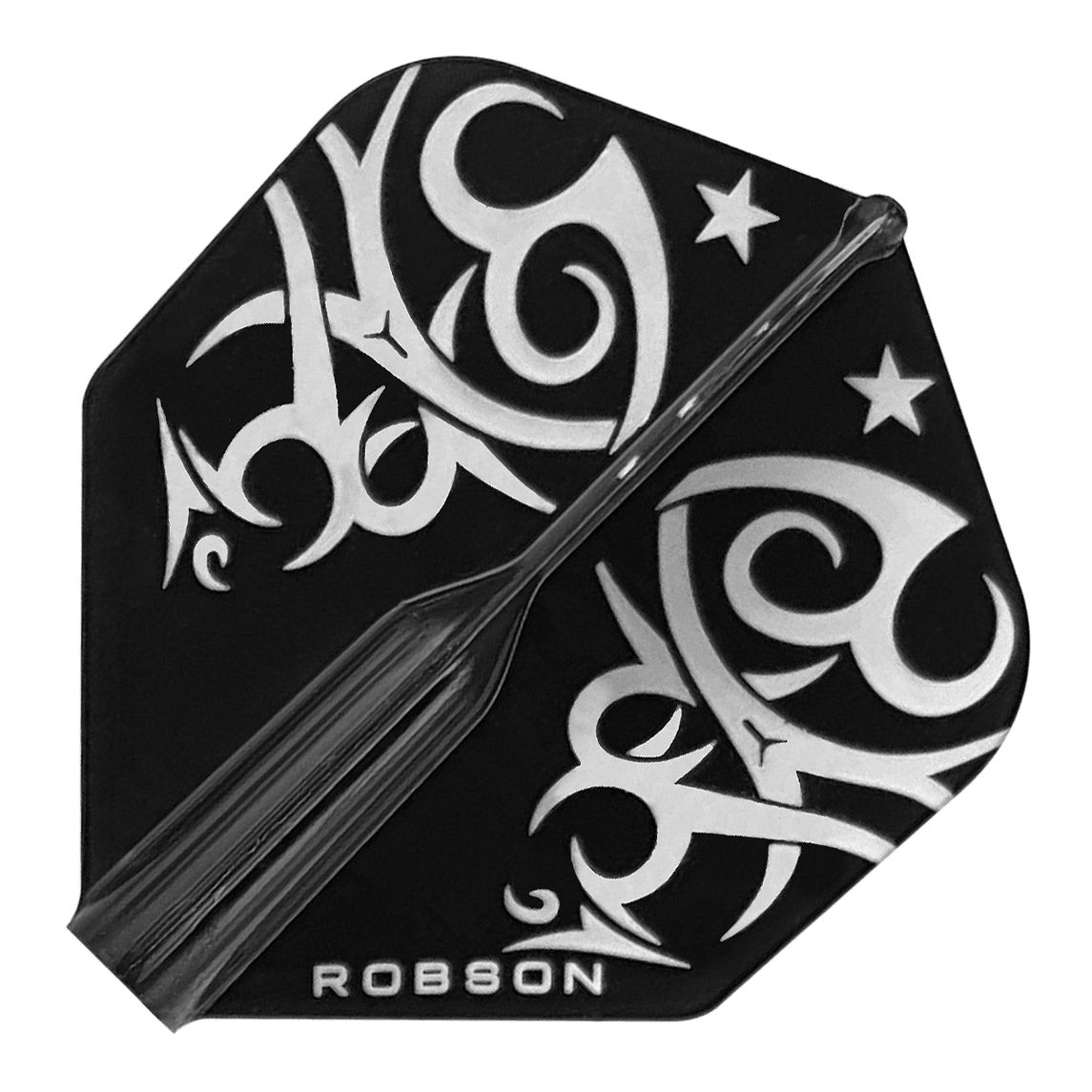 Robson Plus Tribe Standard Flights Das Bild zeigt ein Dart-Flight namens "Robson Plus Tribe Standard Flights". Das Flight ist schwarz mit weißen, tribalen Mustern und Sternen verziert.
