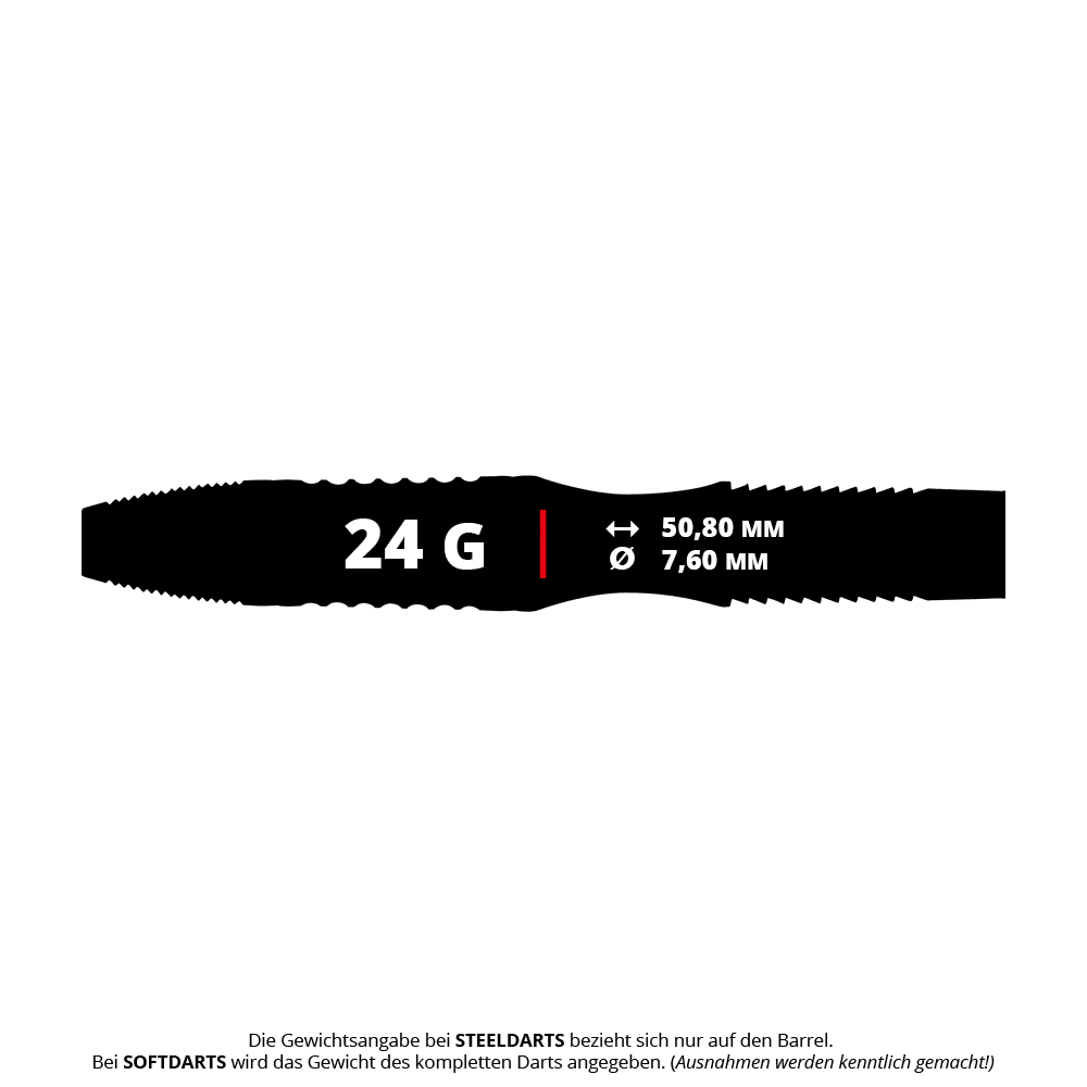 Das Bild zeigt die Produktinformationen zu den Winmau Rashad Sweeting Steeldarts mit einem Gewicht von 24 Gramm. Die Länge des Barrels beträgt 50,80 mm und der Durchmesser 7,60 mm.