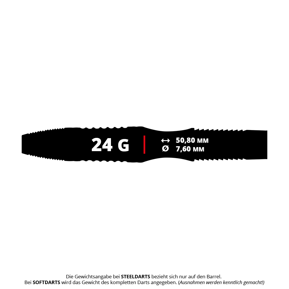 Winmau Rashad Sweeting Steeldarts - 24g Das Bild zeigt die Produktinformationen zu den Winmau Rashad Sweeting Steeldarts mit einem Gewicht von 24 Gramm. Die Länge des Barrels beträgt 50,80 mm und der Durchmesser 7,60 mm.