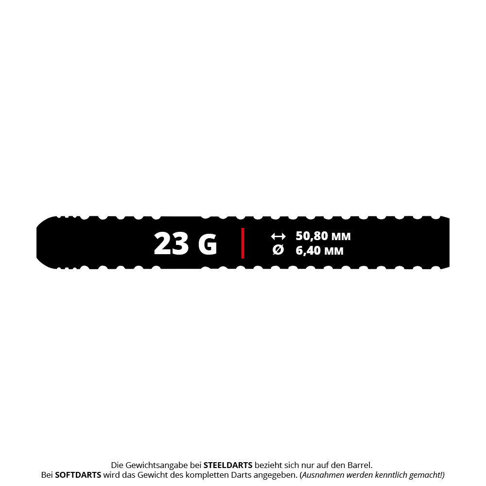 Das Bild zeigt die Produktdaten der Winmau Ryan Branley Steeldarts mit einem Gewicht von 23 Gramm. Der Barrel ist 50,80 mm lang und hat einen Durchmesser von 6,40 mm.