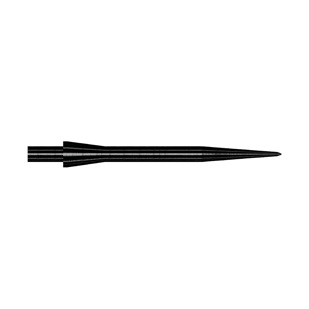 Winmau Velocity Black steel dart tips - 30mm Das Bild zeigt eine schwarze Steeldartspitze des Modells Winmau Velocity mit einer Länge von 30 mm. Die Spitze ist schmal, gerade und aus Metall gefertigt.
