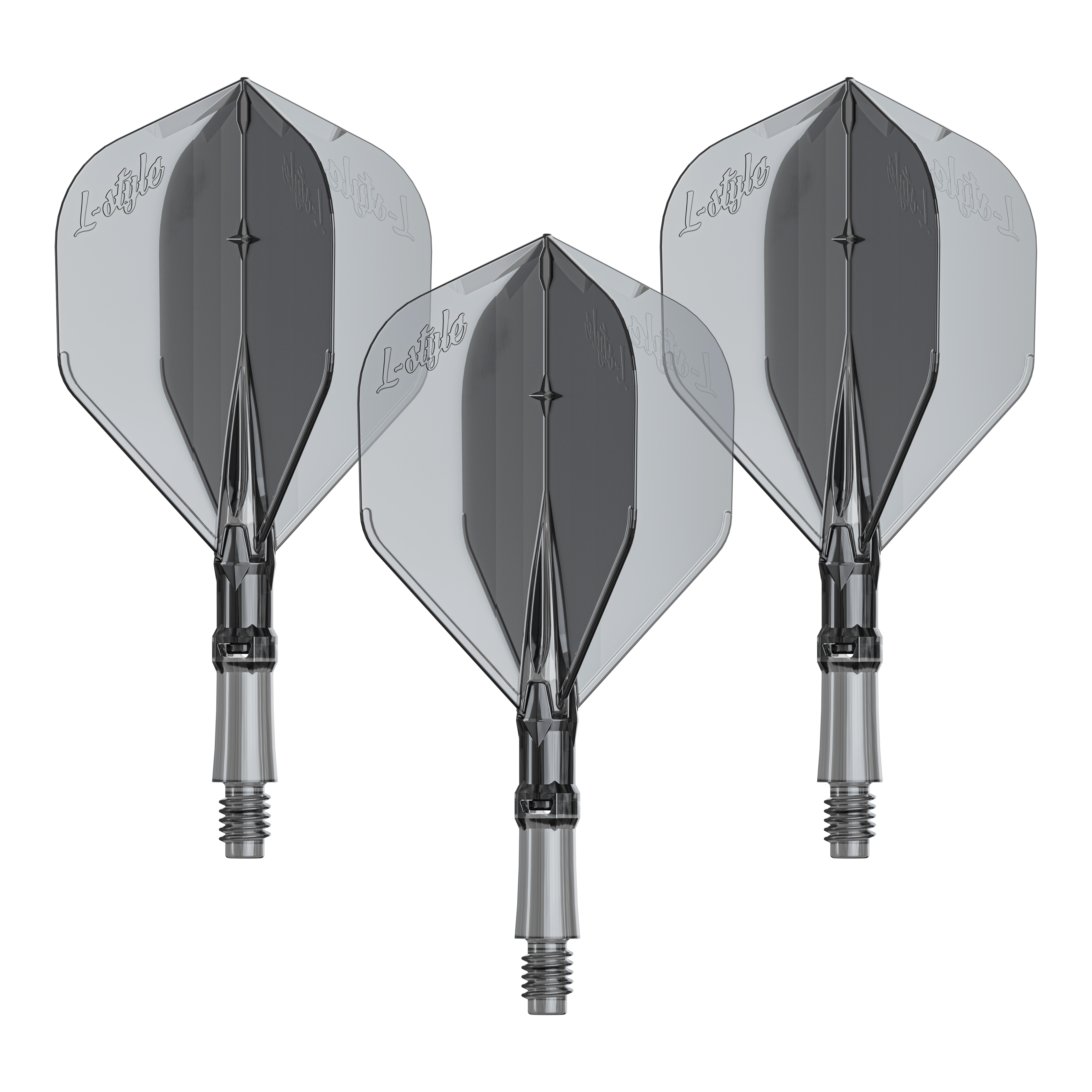 L-Style L-System Flights - Clear Black Das Bild zeigt ein Produkt mit dem Namen LS1062_LStyle_L-System_Flights_ClearBlack_Small_190_1Set. Es handelt sich um ein Dartzubehör.