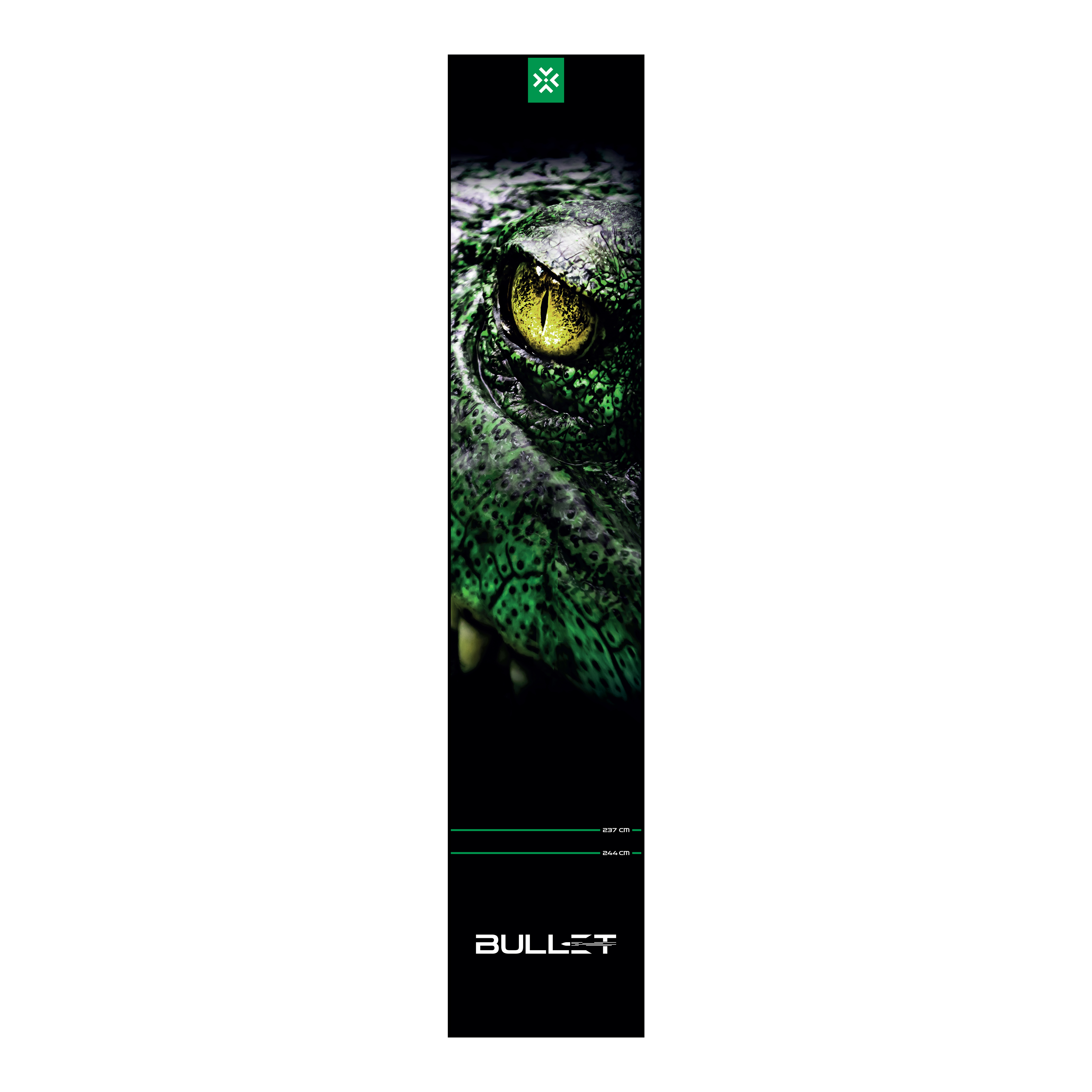 Abgebildet ist die Bullet Gator Dartmatte. Sie dient als Schutzmatte beim Darts und zeigt wichtige Spielfeldmarkierungen.