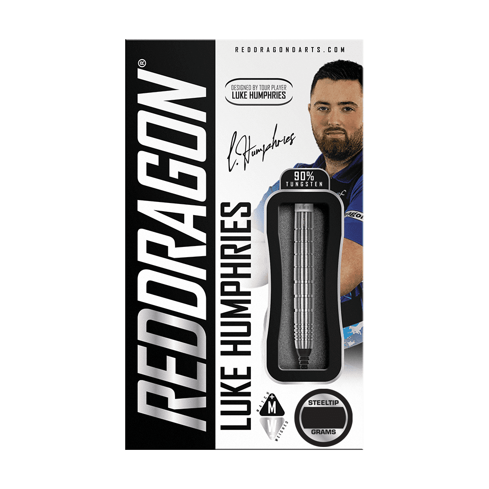 RD2505_Red_Dragon_Luke_Humphries_TX1_Softdarts_3 Auf dem Bild ist die Verpackung der "Red Dragon Luke Humphries TX1 Softdarts - 20g" zu sehen. Die Schachtel zeigt einen Dartpfeil und ein Bild von Luke Humphries, mit dem Hinweis auf 90% Tungsten.