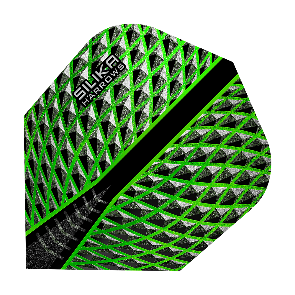 HR57_Harrows_Silika_Green_No6_Flights_1QhWCLSDj2sf9o Das Bild zeigt das Produkt "Harrows Silika Green No6 Flights". Die Dart-Flights haben ein auffälliges, geometrisches Muster in Grün, Schwarz und Silber.