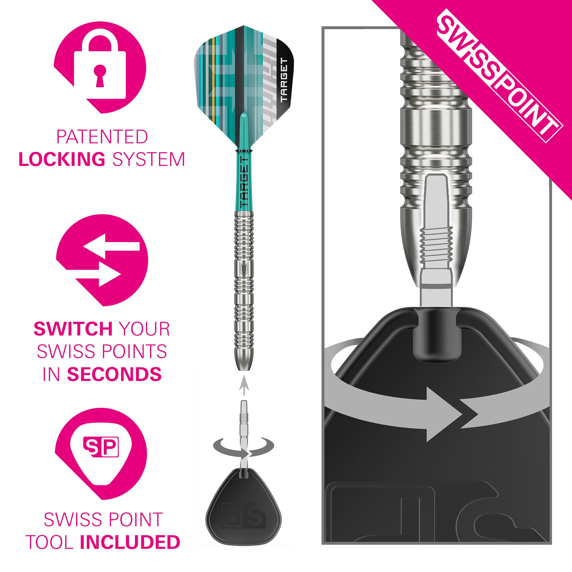 Target Hydro 02 Swiss Point steel darts Abgebildet sind die Target Hydro 02 Swiss Point Steeldarts in einer anderen Variante. Die Darts bieten eine hochwertige Verarbeitung und optimales Handling.