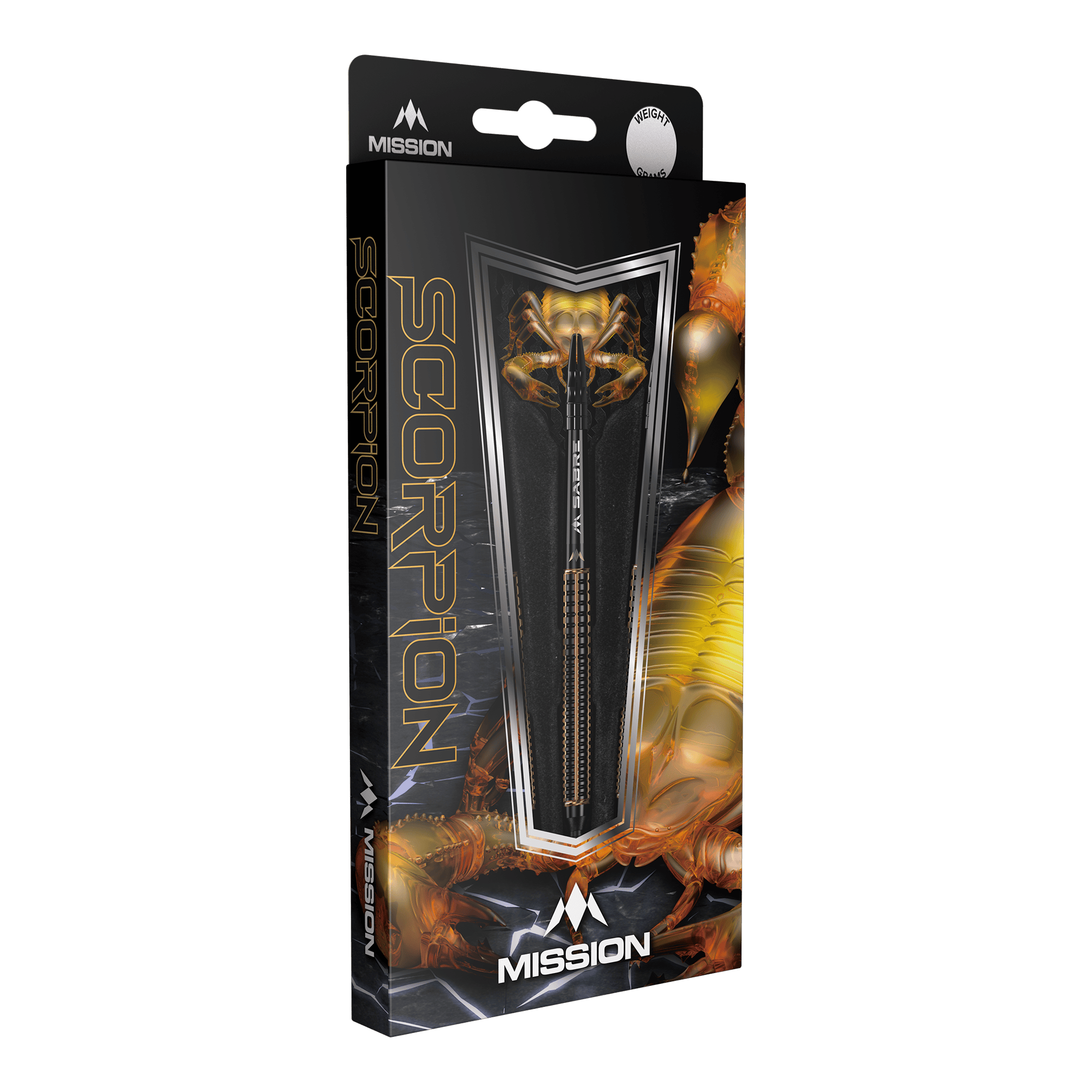 Mission Scorpion soft darts - 19g Die Abbildung zeigt die Verpackung der "Mission Scorpion Softdarts - 19g". Das Design ist schwarz-gold mit einem Skorpionmotiv und zeigt einen Dartpfeil in der Mitte.