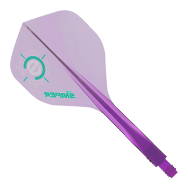 Condor Ax 120 Connor Scutt Sniper Clear Purple Flight System - Standard Das Bild zeigt ein Condor Axe 120 Connor Scutt Sniper Clear Purple Flight-System in Standardform. Das Produkt ist überwiegend durchsichtig-lila und hat grüne Akzente sowie den Schriftzug "SNIPER" auf dem Flight.