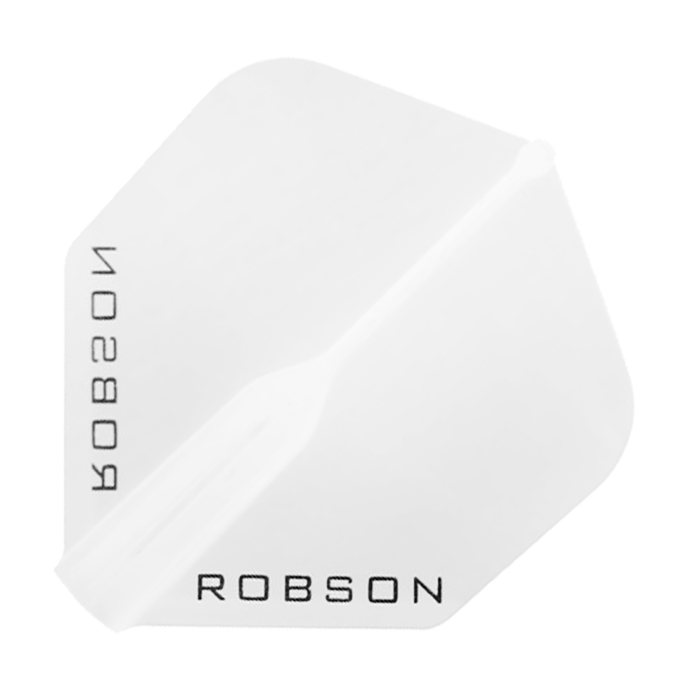Robson Plus Flights - Standard Das Bild zeigt einen klaren, sechseckigen Dartflight mit dem Schriftzug "ROBSON" in schwarzer Farbe. Das Design ist schlicht und durchsichtig gehalten.