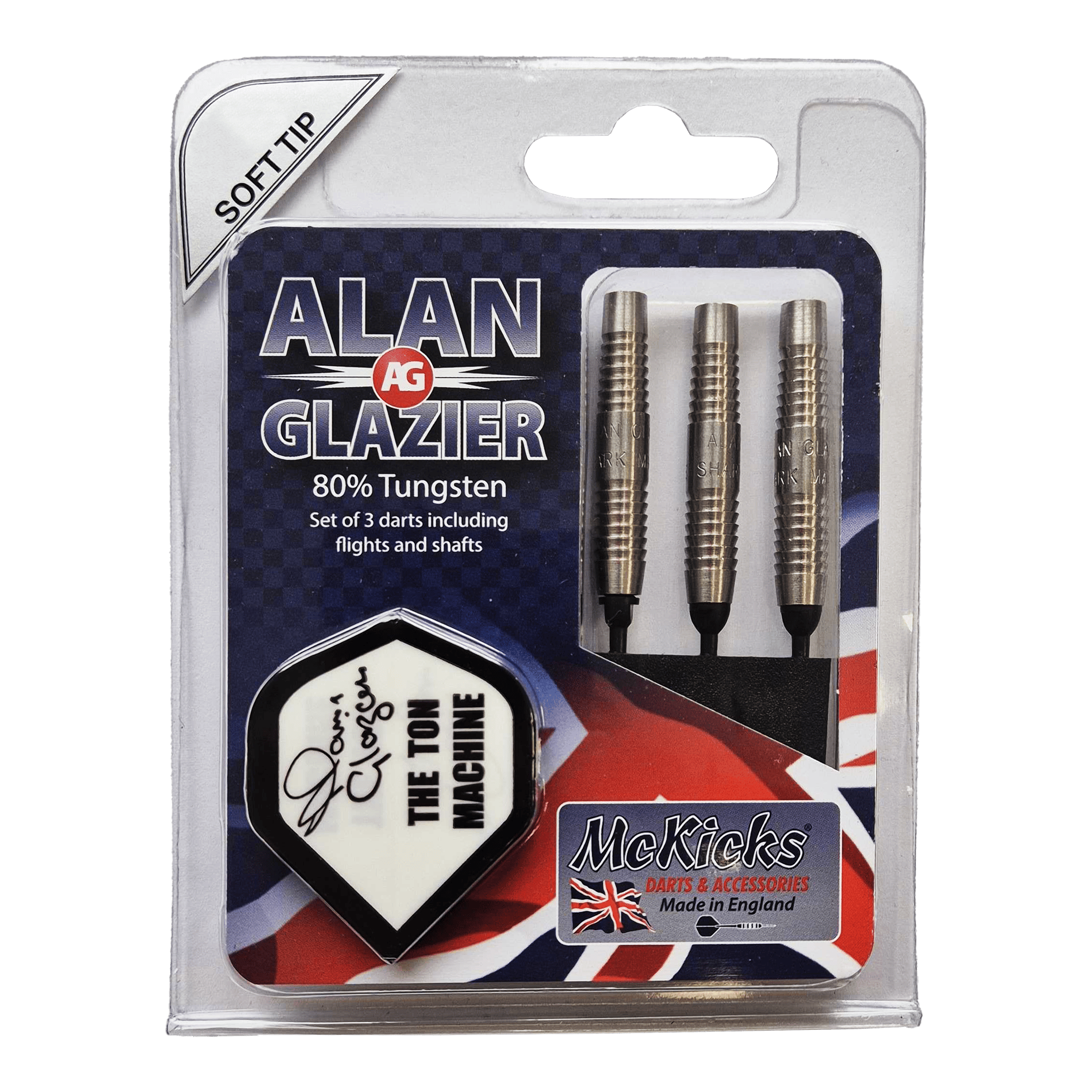 Das Bild zeigt eine Verpackung mit drei Softdarts der Marke "McKicks Alan Glazier Shark Machine". Die Darts bestehen zu 80% aus Tungsten und werden inklusive Flights und Shafts geliefert.