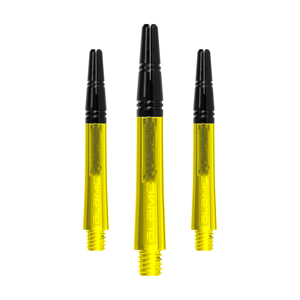 Harrow's Alamo VS2 Shafts - Yellow Das Bild zeigt drei gelbe Dartschäfte mit schwarzen Spitzen. Die Schäfte sind mit „Alamo VS2“ beschriftet und stehen aufrecht nebeneinander.