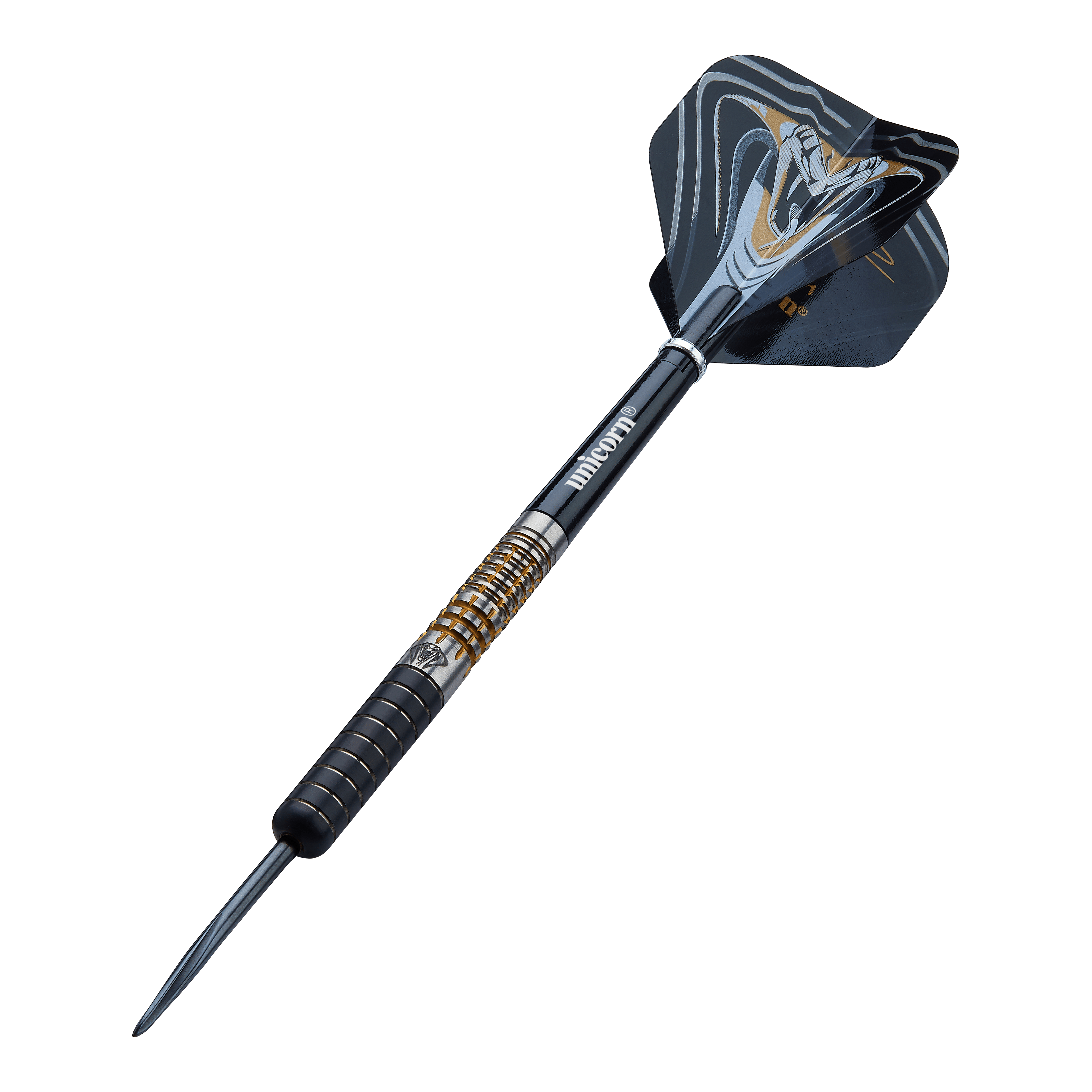 Das Bild zeigt einen Unicorn Maestro Jeffrey De Zwaan Phase 3 Steeldart. Der Dart hat ein schwarzes und silbernes Design mit goldenen Akzenten und einer auffälligen Flights-Grafik.