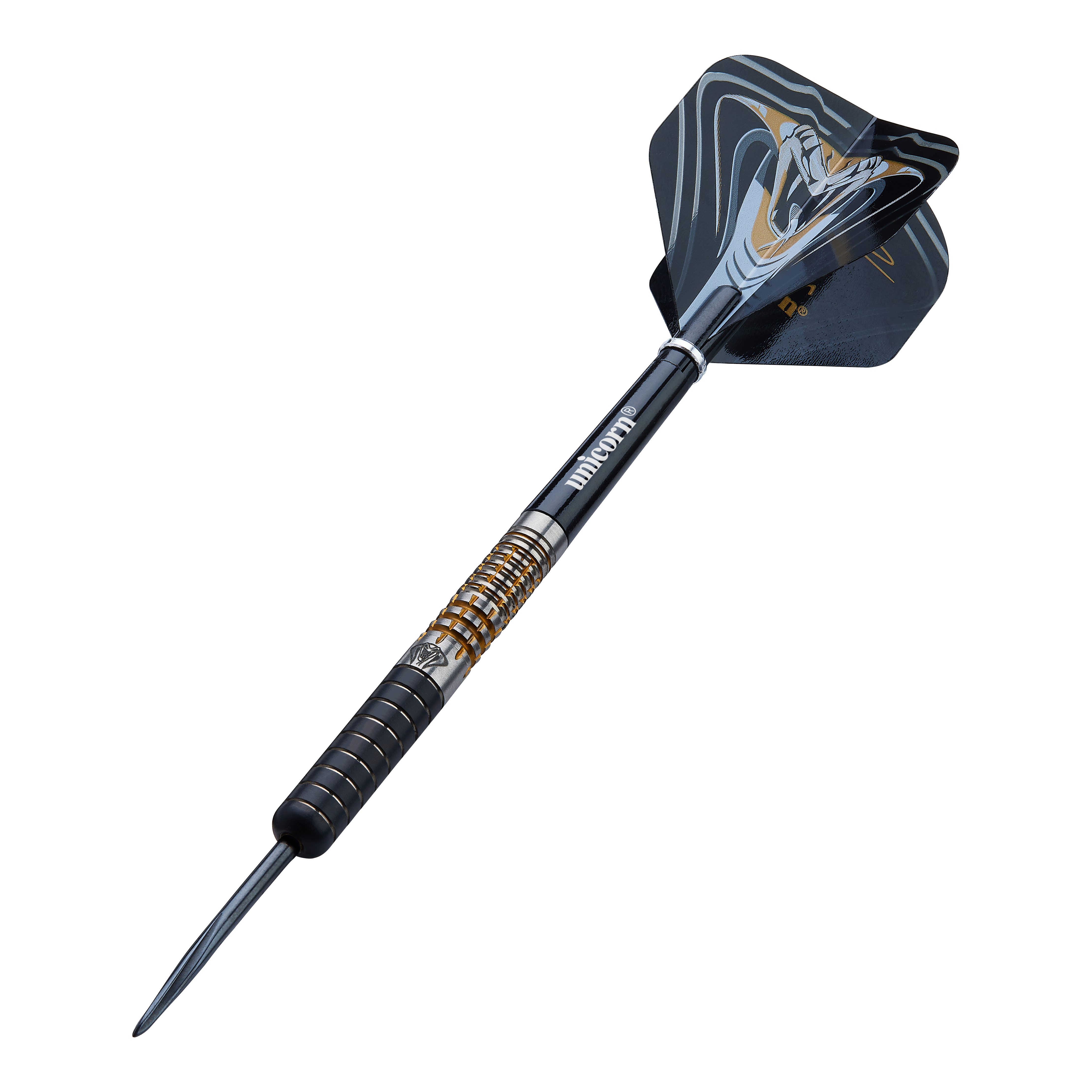 Unicorn Maestro Jeffrey De Zwaan Phase 3 steel darts Das Bild zeigt einen Unicorn Maestro Jeffrey De Zwaan Phase 3 Steeldart. Der Dart hat ein schwarzes und silbernes Design mit goldenen Akzenten und einer auffälligen Flights-Grafik.