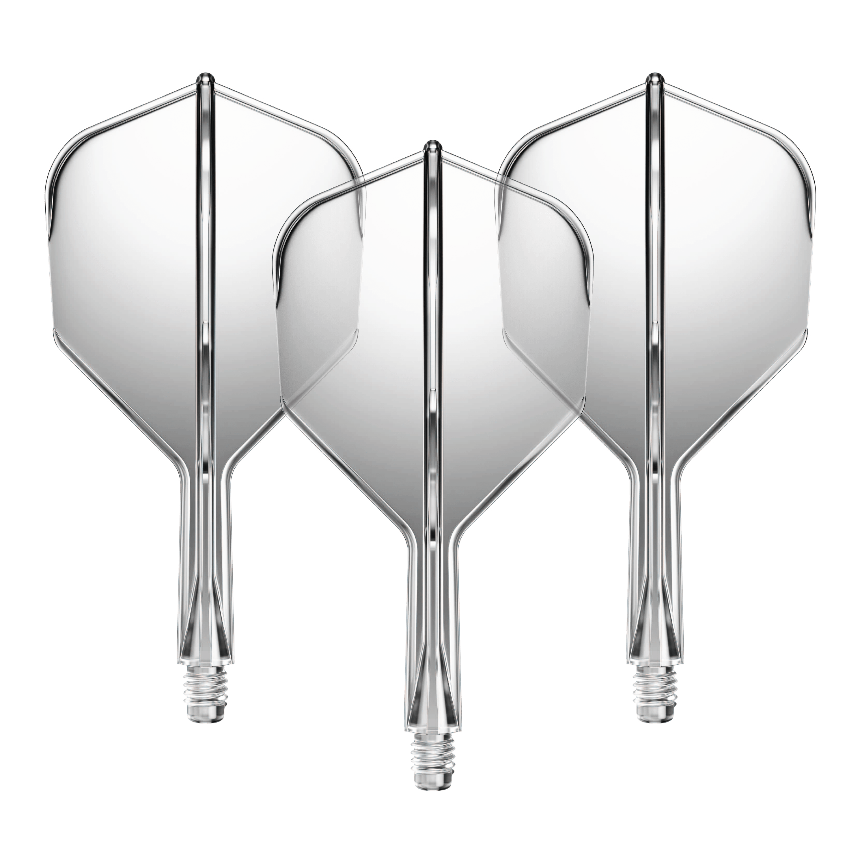 GOAT A1R No6 Flight Shaft System - Clear Das Bild zeigt drei durchsichtige Dartflights mit kurzen Schäften. Sie sind nebeneinander angeordnet und besitzen eine klare, glänzende Oberfläche.