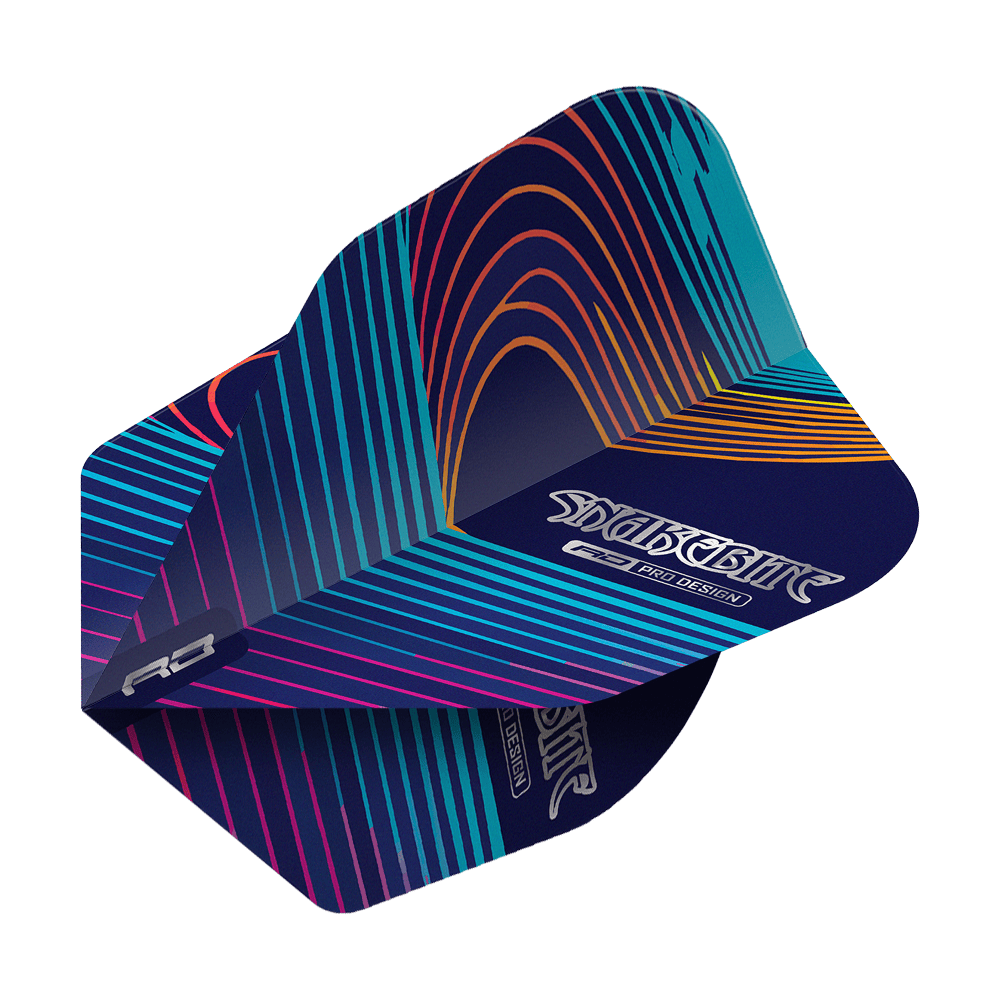 Das Bild zeigt ein Dart-Flight mit dem Namen "Red Dragon Peter Wright Snakebite Multi No6 Flights". Das Flight hat ein auffälliges Design mit bunten Linien auf dunklem Hintergrund.