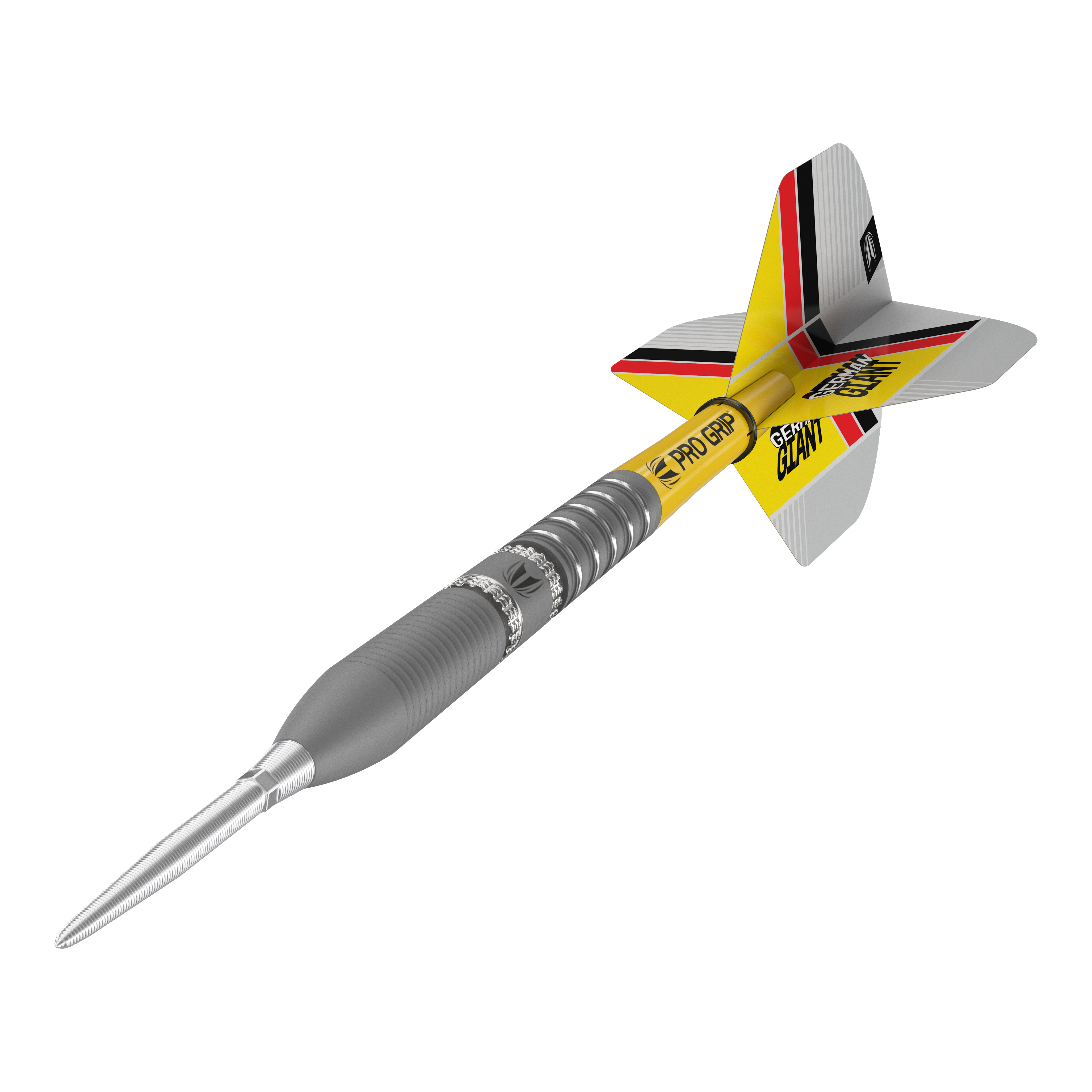 Target Gabriel Clemens GEN2 Swiss Point steel darts Das Bild zeigt einen modernen Steeldartpfeil mit silberner Spitze und einem gelb-schwarzen Schaft. Die Flights sind mit roten, schwarzen und gelben Streifen verziert und tragen die Aufschrift "GERMAN GIANT".