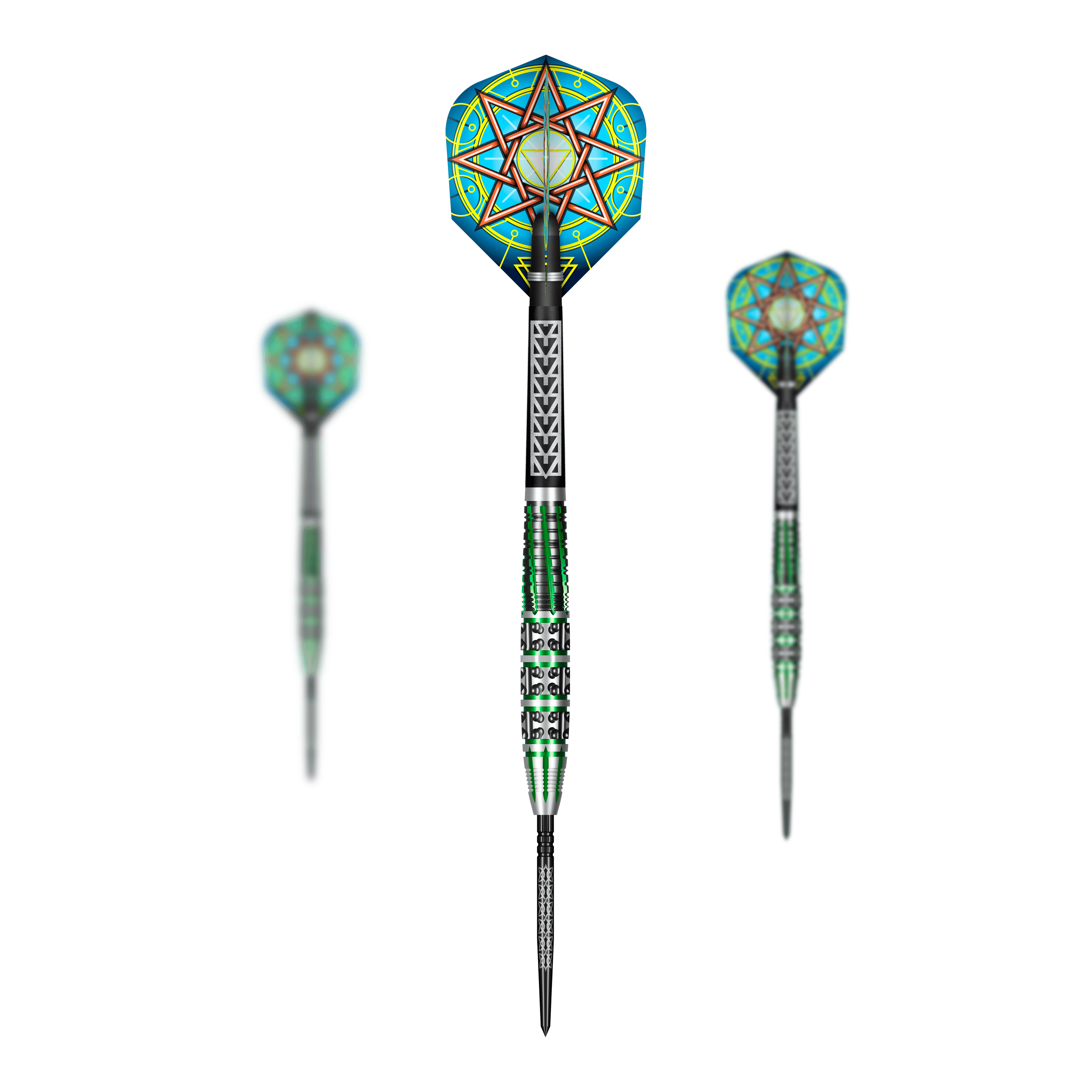 Abgebildet ist ein Set Shot Celt Druid TurboPoints Steeldarts. Die Darts sind dekorativ platziert.