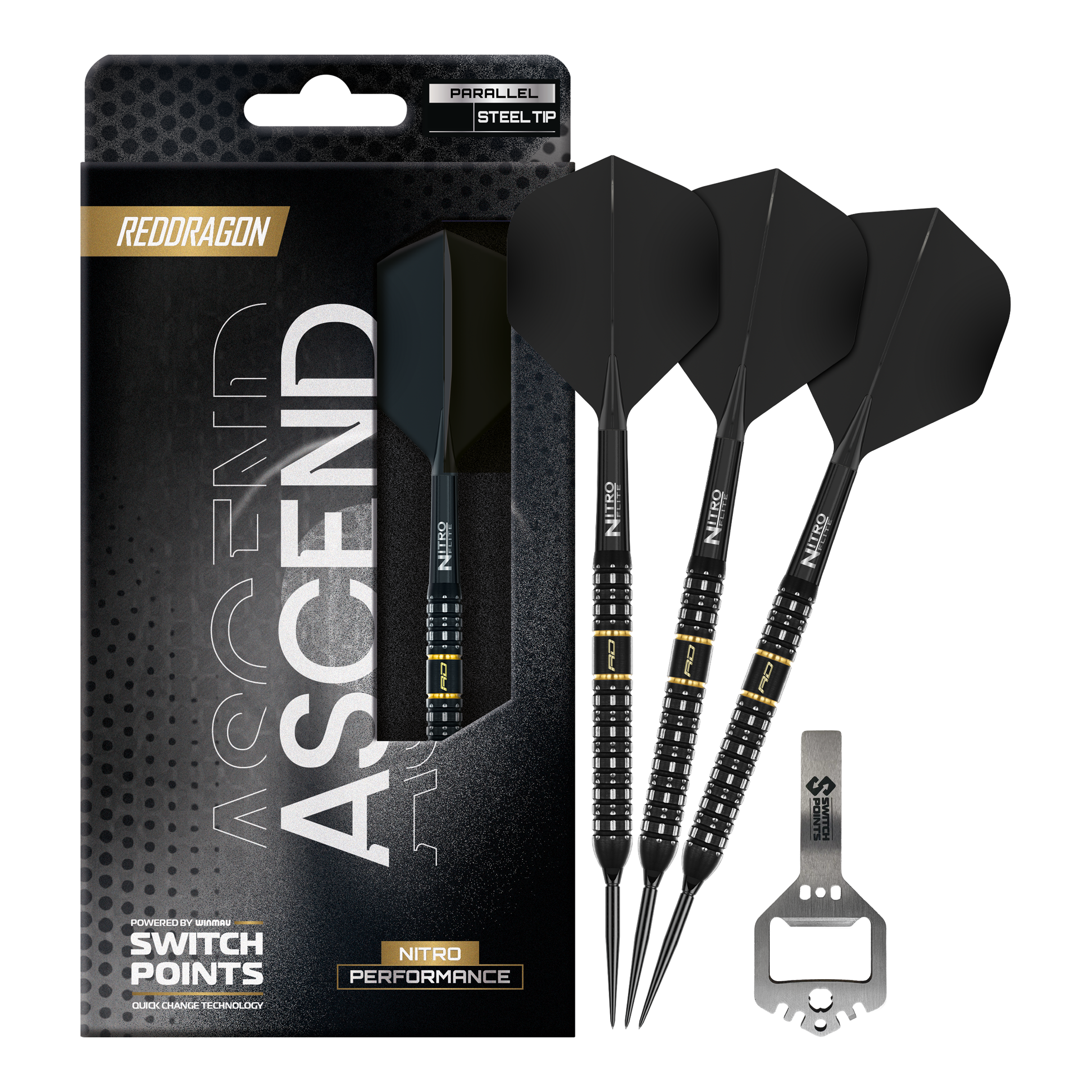 Das Bild präsentiert die Red Dragon Ascend Parallel Switch Point Steeldarts in voller Länge. Die Details des kompletten Darts sind gut erkennbar.