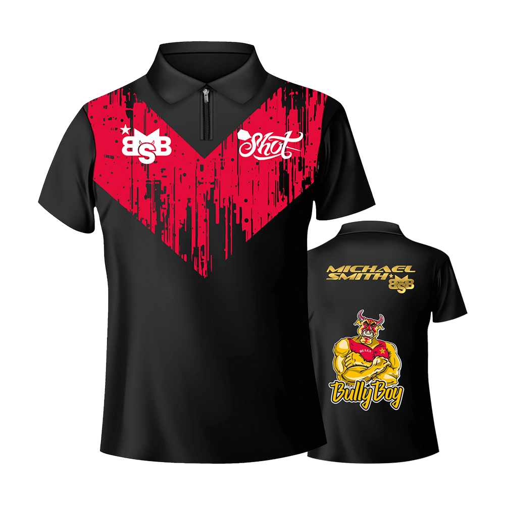 Shot Michael Smith Bully Boy Dartshirt Das Bild zeigt das "Shot Michael Smith Bully Boy Dartshirt" mit einem schwarzen Grund und auffälligem roten Muster auf der Vorderseite. Auf der Rückseite sind ein Cartoon-Bulle, der Schriftzug "Bully Boy" und der Name "Michael Smith" abgebildet.