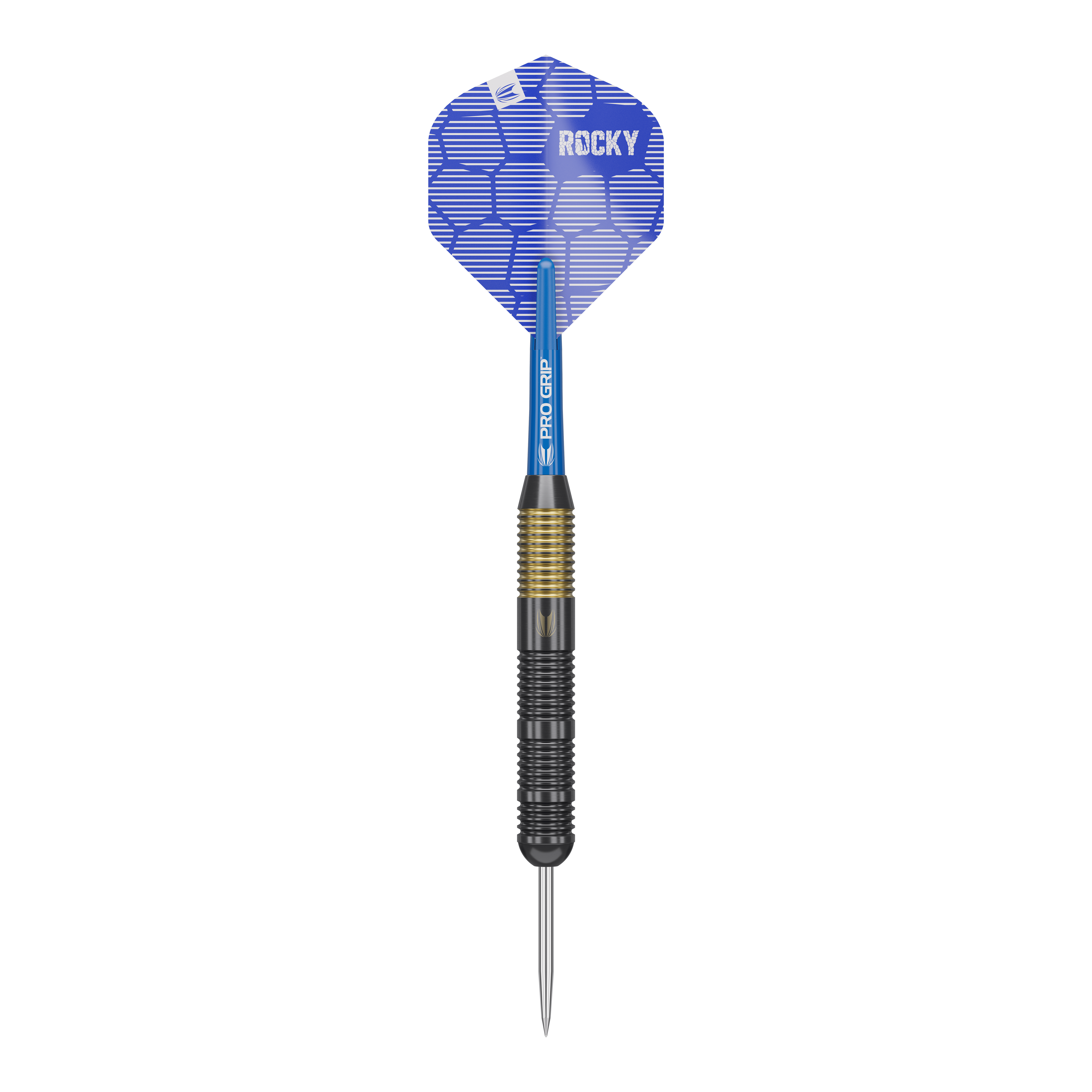 Target Josh Rock Brass Steel Darts - 22g Das Bild zeigt einen Target Josh Rock Brass Steeldart mit einem Gewicht von 22g. Der Dart hat eine blaue Flight mit der Aufschrift "ROCKY" und einen geriffelten Messinggriff.