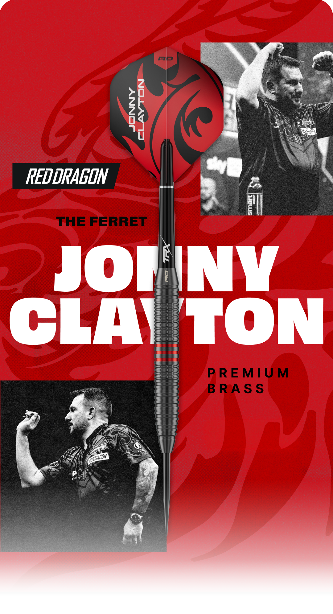 Das Bild zeigt ein Werbebanner mit der Aufschrift 'RedDragon ClaytonCoreBrass'. Auf dem Banner sind Pfeile und farbige Designelemente dargestellt.