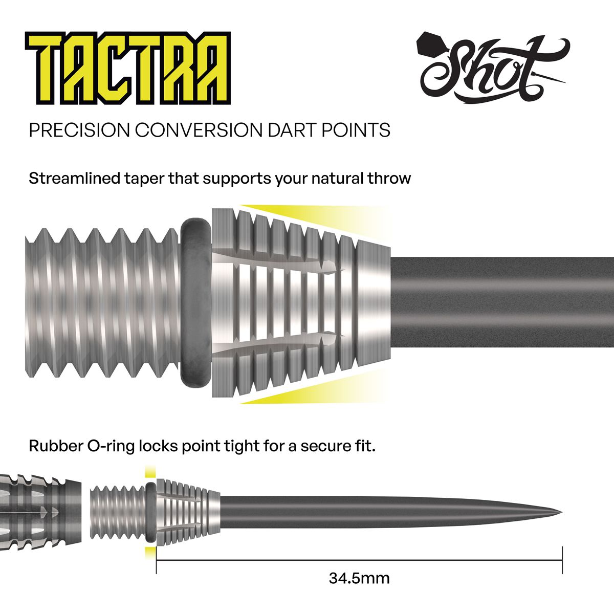 Shot Tactra Conversion Points - 34mm Das Bild zeigt die Shot Tactra Conversion Points - 34 mm. Es handelt sich um spezielle Dartspitzen zum Umrüsten von Softdarts auf Steeldarts.