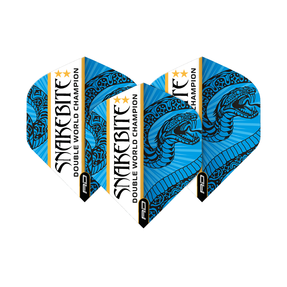 Das Bild zeigt drei blaue und weiße Dart-Flights mit dem Aufdruck „Snakebite Double World Champion“. Auf jedem Flight ist eine stilisierte Schlange abgebildet.