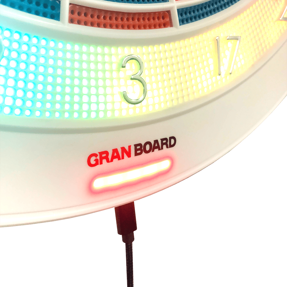 g01440_GranBoard_132_Elektronisches_Dartboard_4 Das Bild zeigt einen Ausschnitt des elektronischen Dartboards "GranBoard 132" mit leuchtenden LED-Lichtern um die Zahlenbereiche. Darunter ist das Logo "Gran Board" in roten und schwarzen Buchstaben zu sehen.