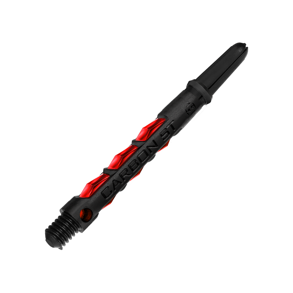 HR433_Harrows_Carbon_ST_Shafts_Rot_47mm_2 Das Bild zeigt einen Harrows Carbon ST Shafts in der Farbe Rot. Der Schaft besteht aus schwarzem Material mit auffälligen roten Akzenten.