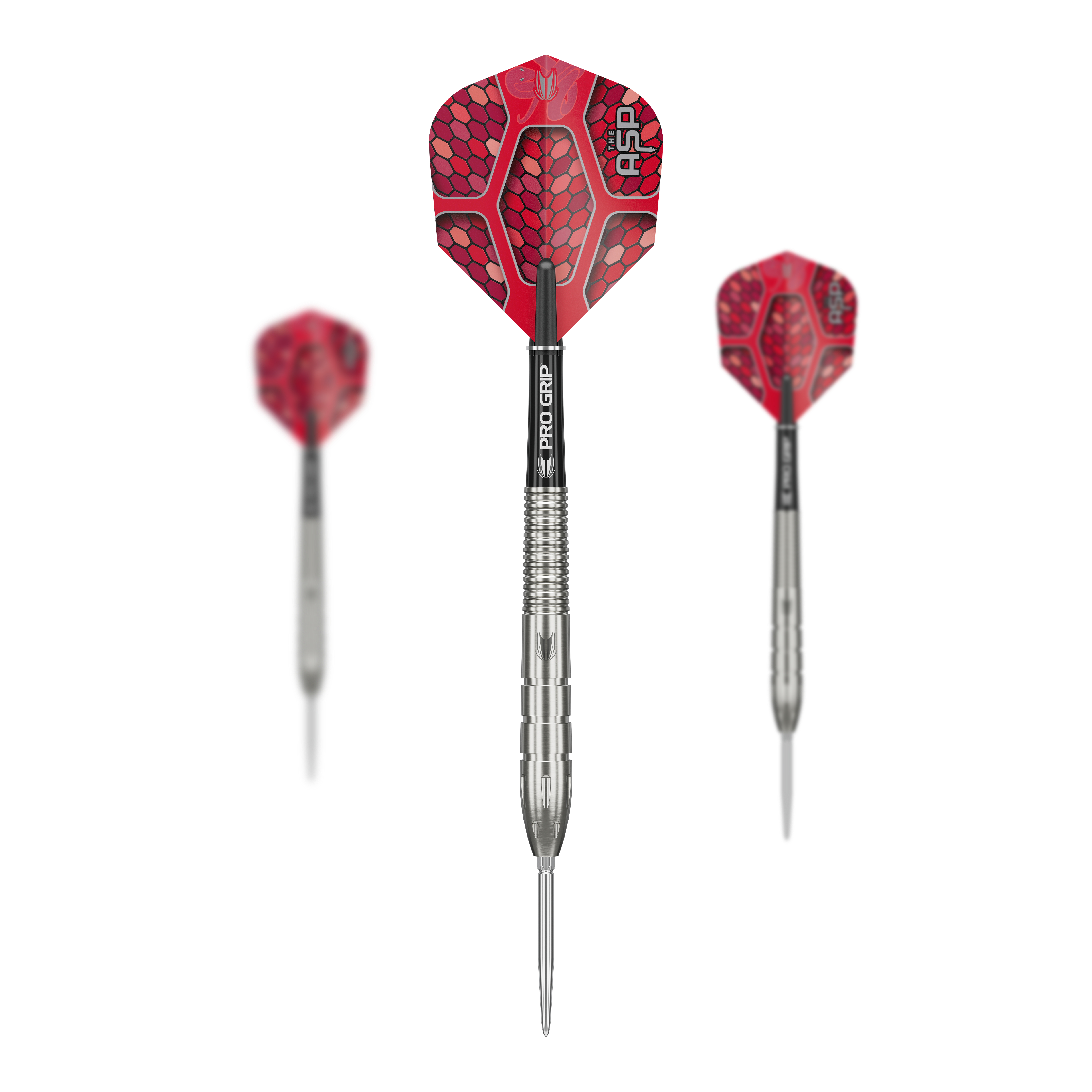 Target Nathan Aspinall GEN1 Swiss Point steel darts Auf dem Bild sind drei Steeldarts des Modells "Target Nathan Aspinall GEN1 Swiss Point" zu sehen. Die Darts haben silberne Spitzen und Schäfte sowie rote Flights mit Schuppenmuster.
