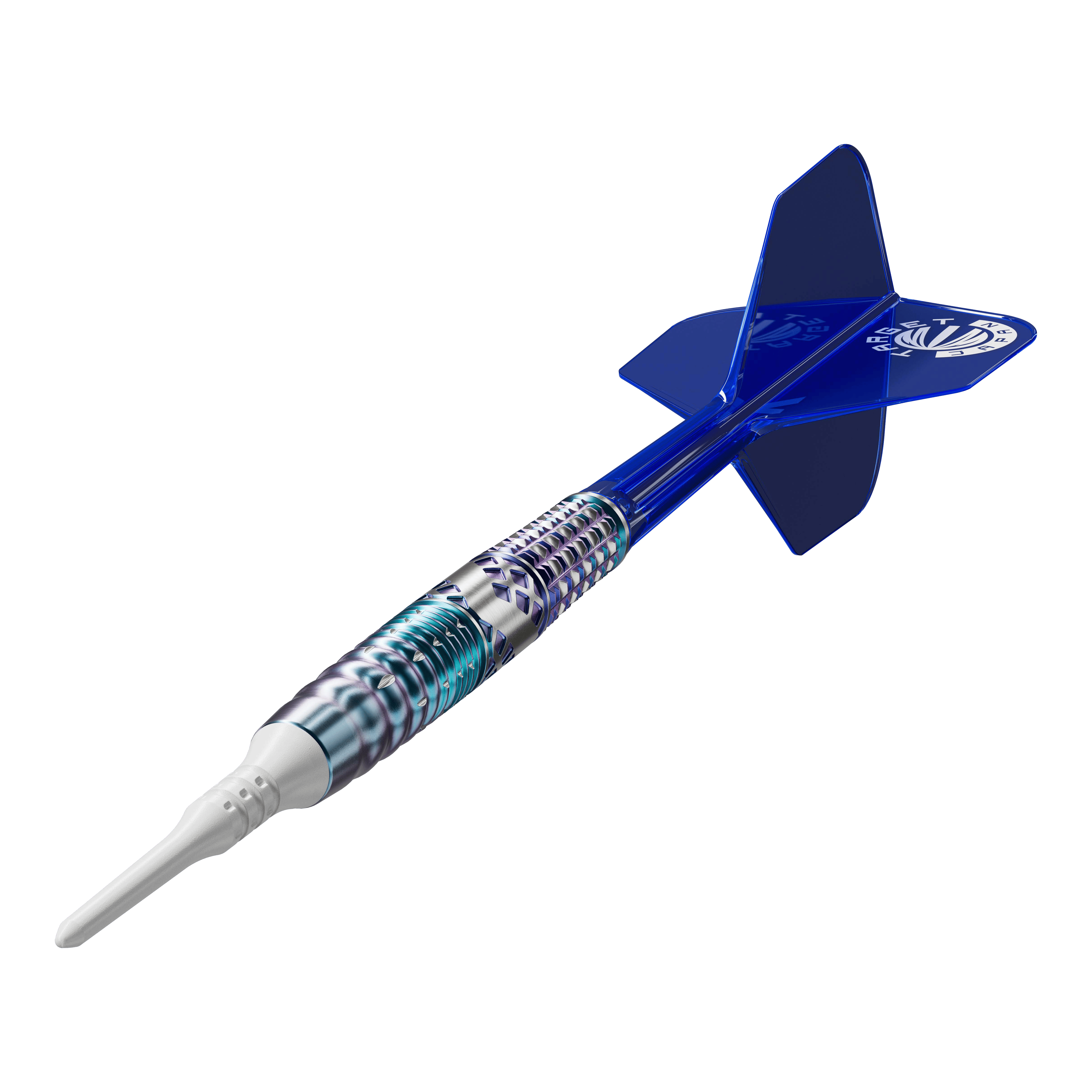 Target Japan Cathy Leung Charis GEN5 Soft Darts - 19g Das Bild zeigt einen Softdart mit einem silber-blauen, metallischen Schaft und einer weißen Spitze. Die Flights am Ende des Darts sind blau und tragen ein weißes Logo.