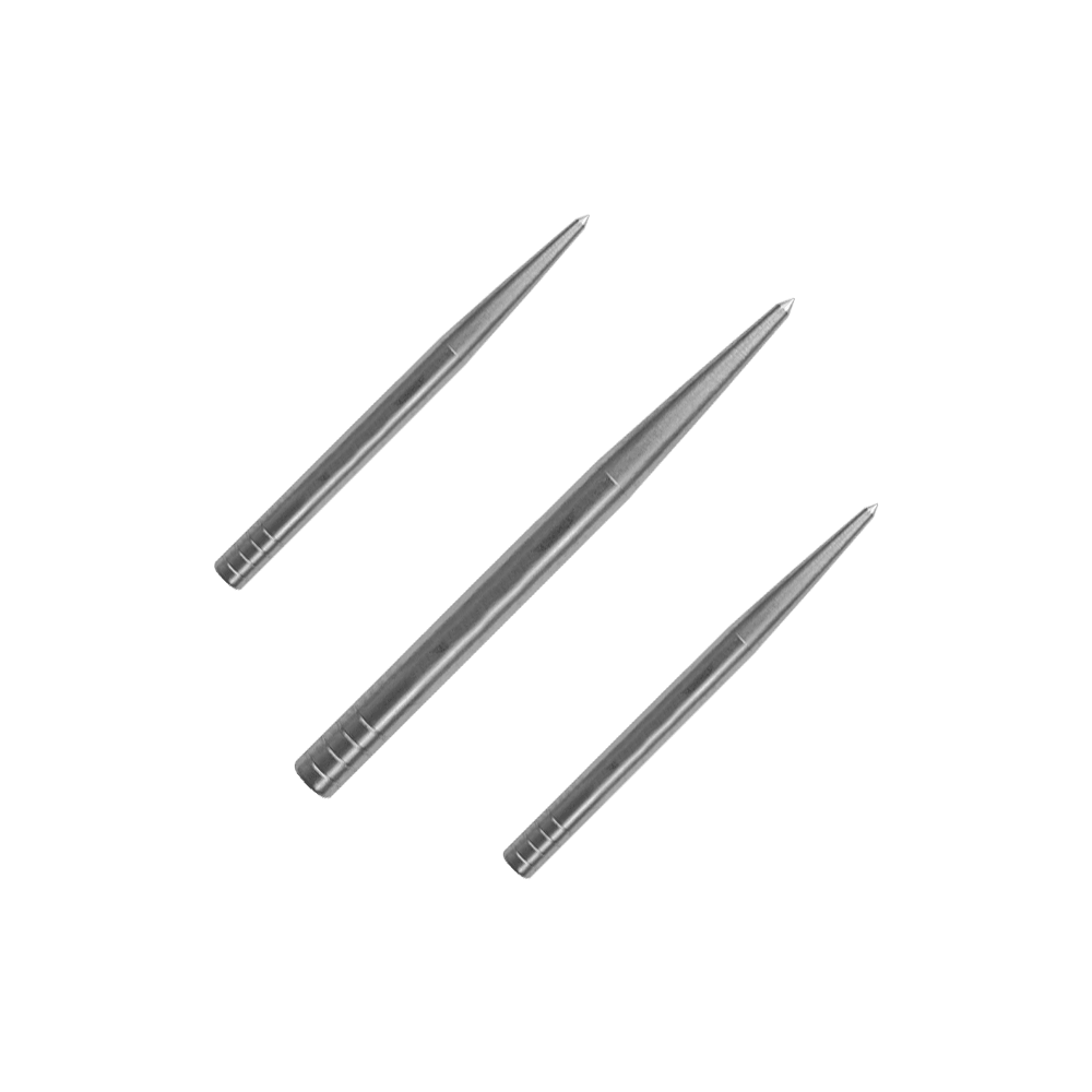 Condor Beak Point Without Cut dart tips Auf dem Bild sind drei silberne Dartspitzen zu sehen. Sie sind spitz zulaufend und aus Metall gefertigt.