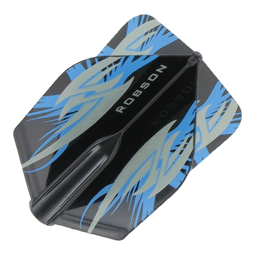 Robson Plus Flights Standard Argo Black Das Bild zeigt ein schwarzes Dart-Flight mit blauen und grauen Mustern. In der Mitte steht das Wort "ROBSON" in weißen Buchstaben.