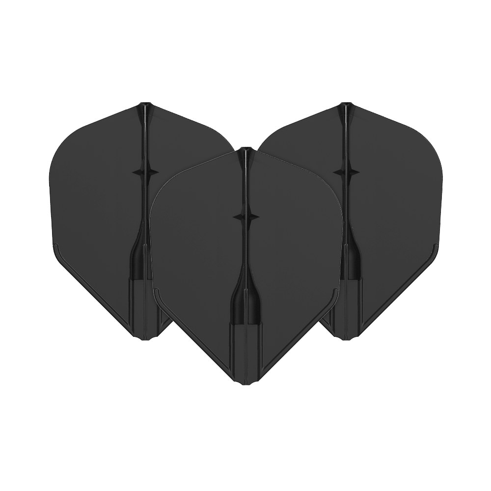 L-L-Style3EZ Flights Auf dem Bild sind drei schwarze Dartflights zu sehen. Sie sind in einer Reihe angeordnet und haben eine klassische Form.