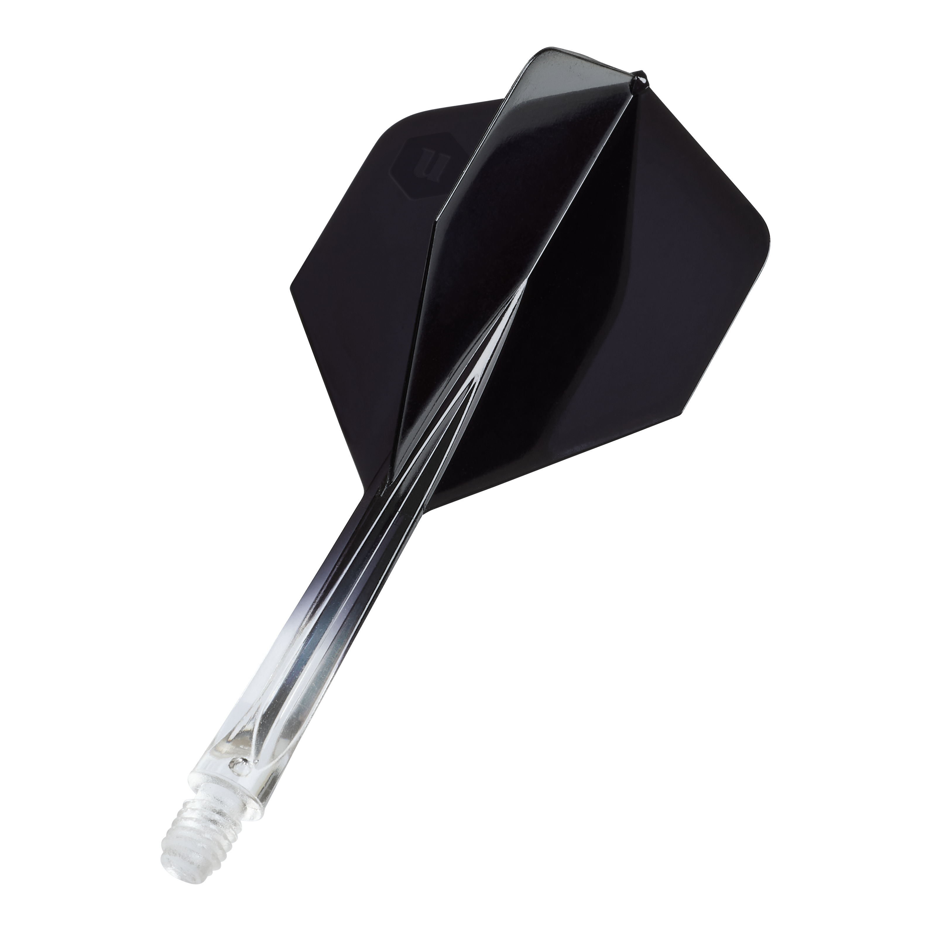 Das Bild zeigt die Unicorn Forge Two Tone No2 Standard Flights in Schwarz. Es handelt sich um Flights für Dartpfeile mit klarem und schwarzem Design.