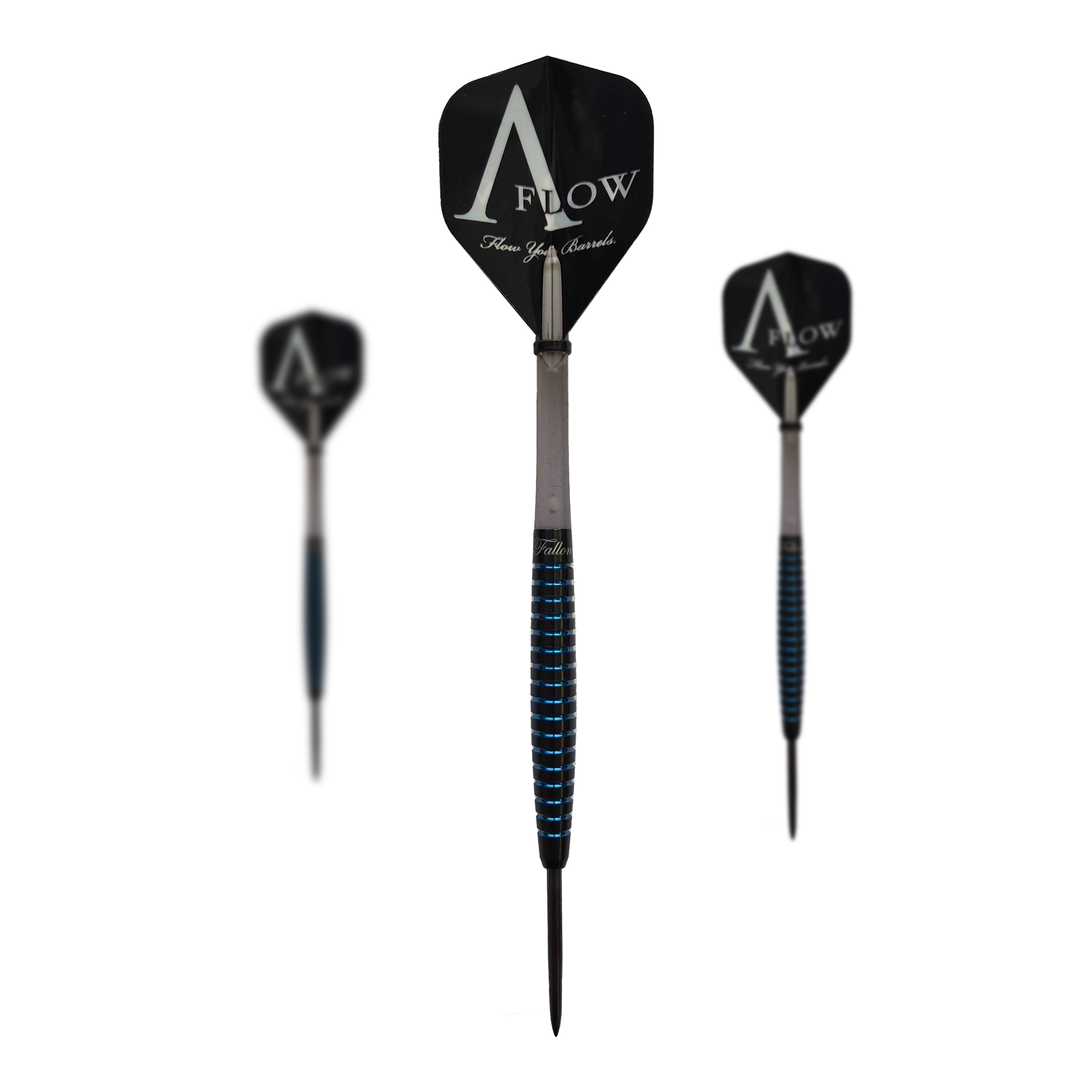 Dynasty Fallon Sherrock 4 AFlow BK Steel Darts - With Autograph - 23g Das Bild zeigt drei schwarze Steeldarts der Marke AFlow mit blauen Akzenten. Auf den Flights steht "AFlow" und der mittlere Dart ist mit einer Unterschrift versehen.